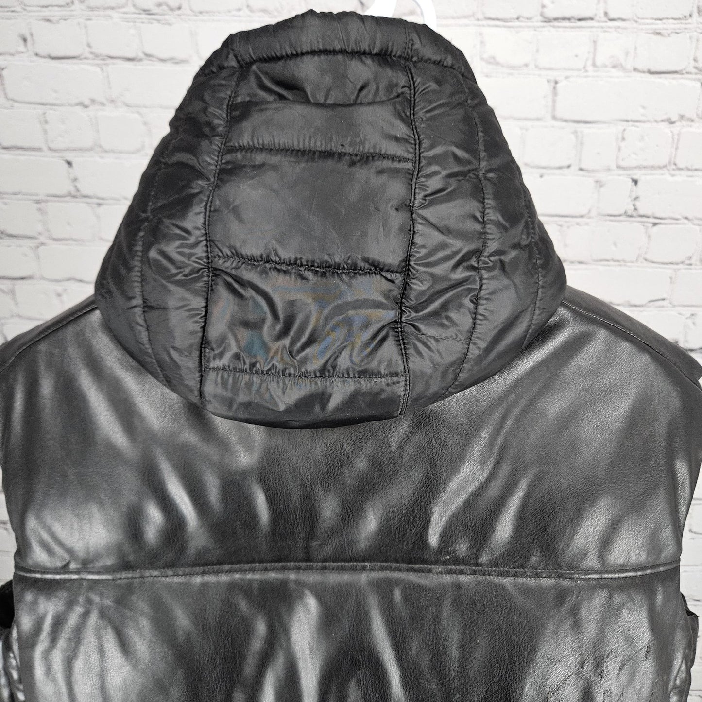 Sean John Black Faux Leather Full Zip Snap Insulated Hooded Puffer Vest XL
