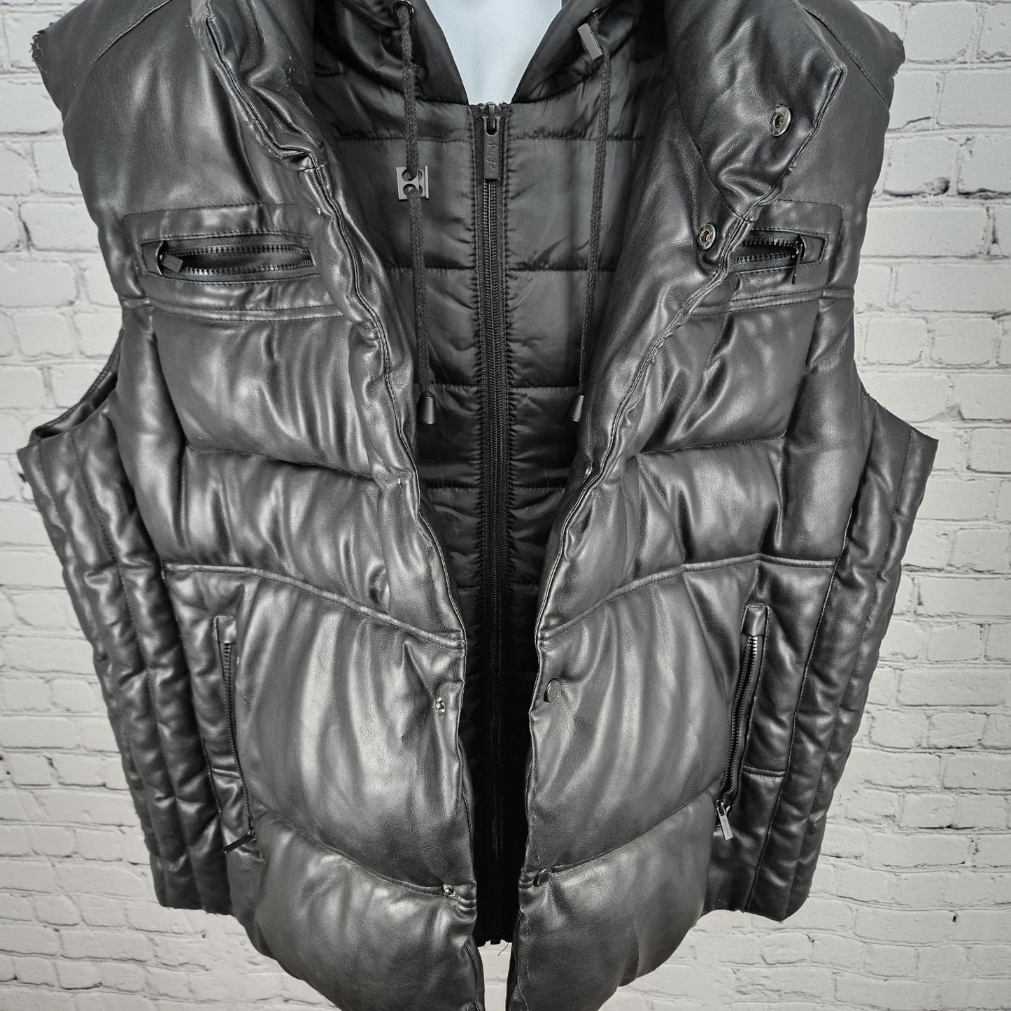 Sean John Black Faux Leather Full Zip Snap Insulated Hooded Puffer Vest XL