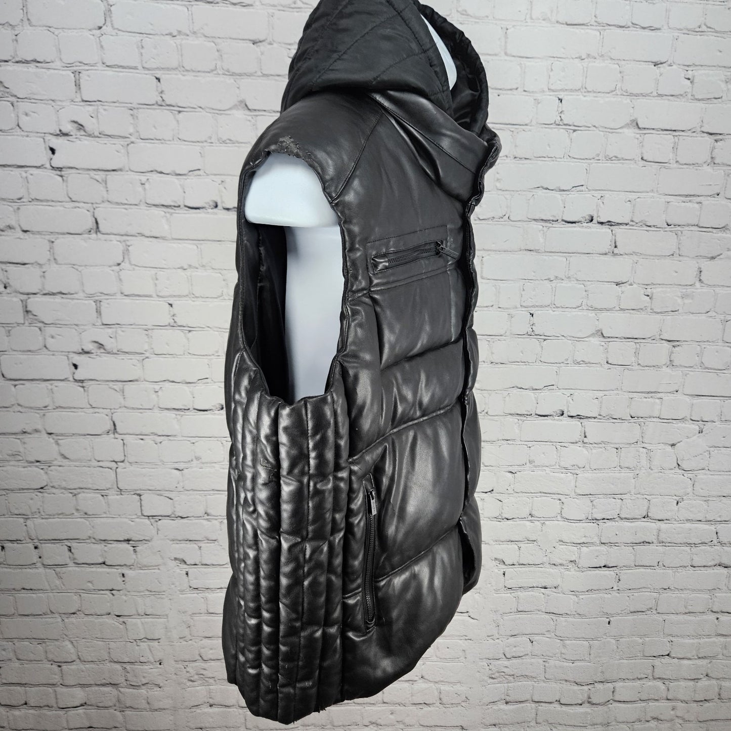 Sean John Black Faux Leather Full Zip Snap Insulated Hooded Puffer Vest XL