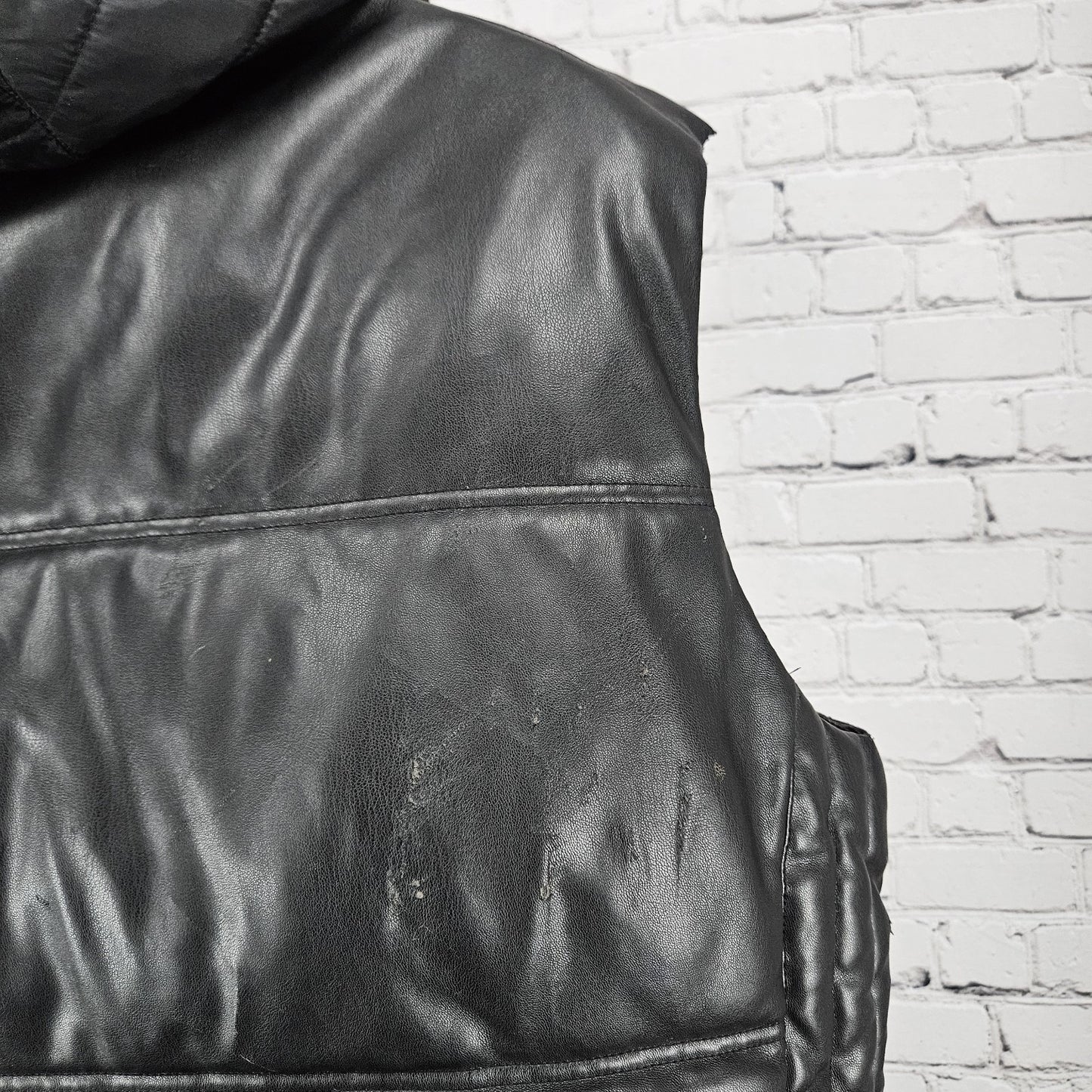 Sean John Black Faux Leather Full Zip Snap Insulated Hooded Puffer Vest XL