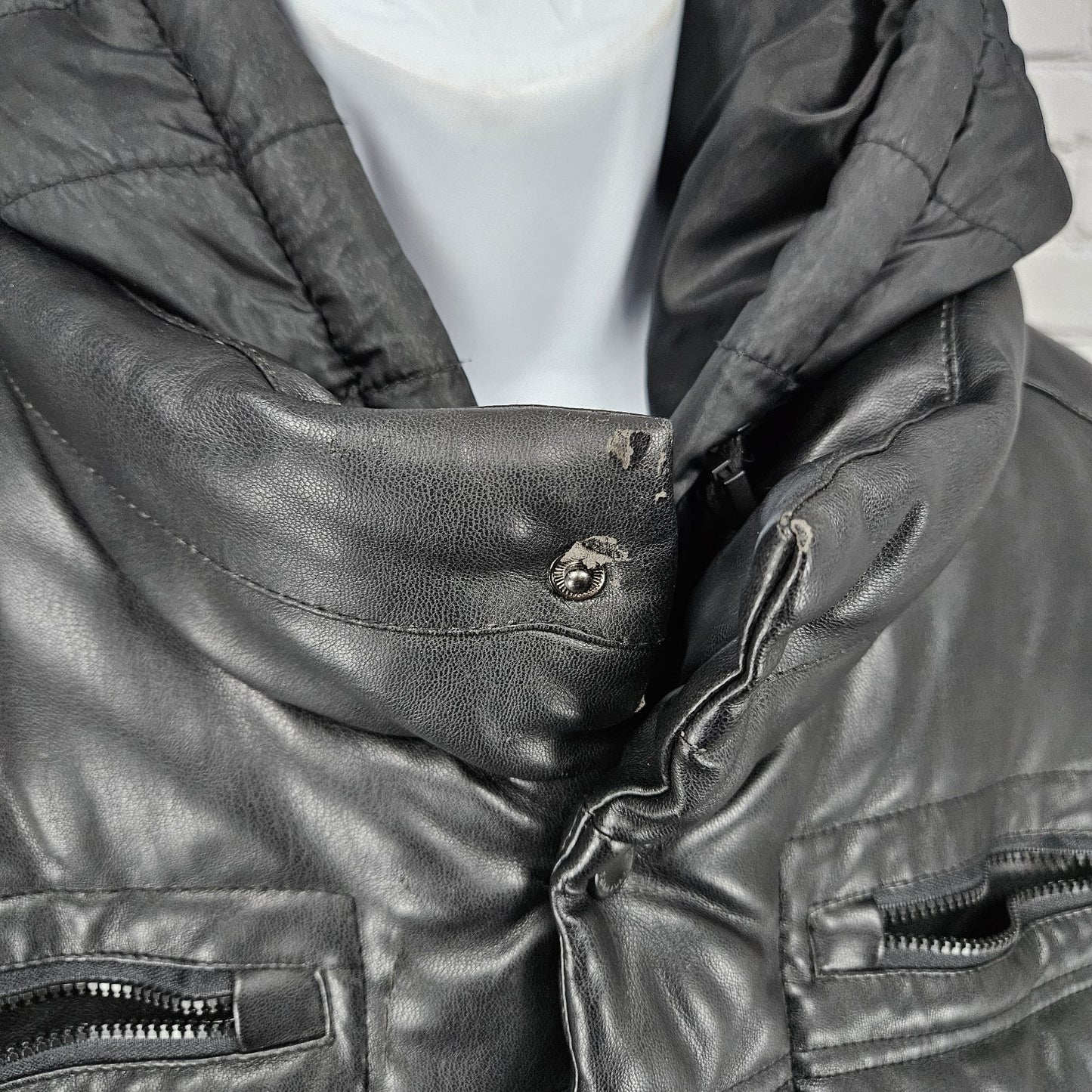 Sean John Black Faux Leather Full Zip Snap Insulated Hooded Puffer Vest XL