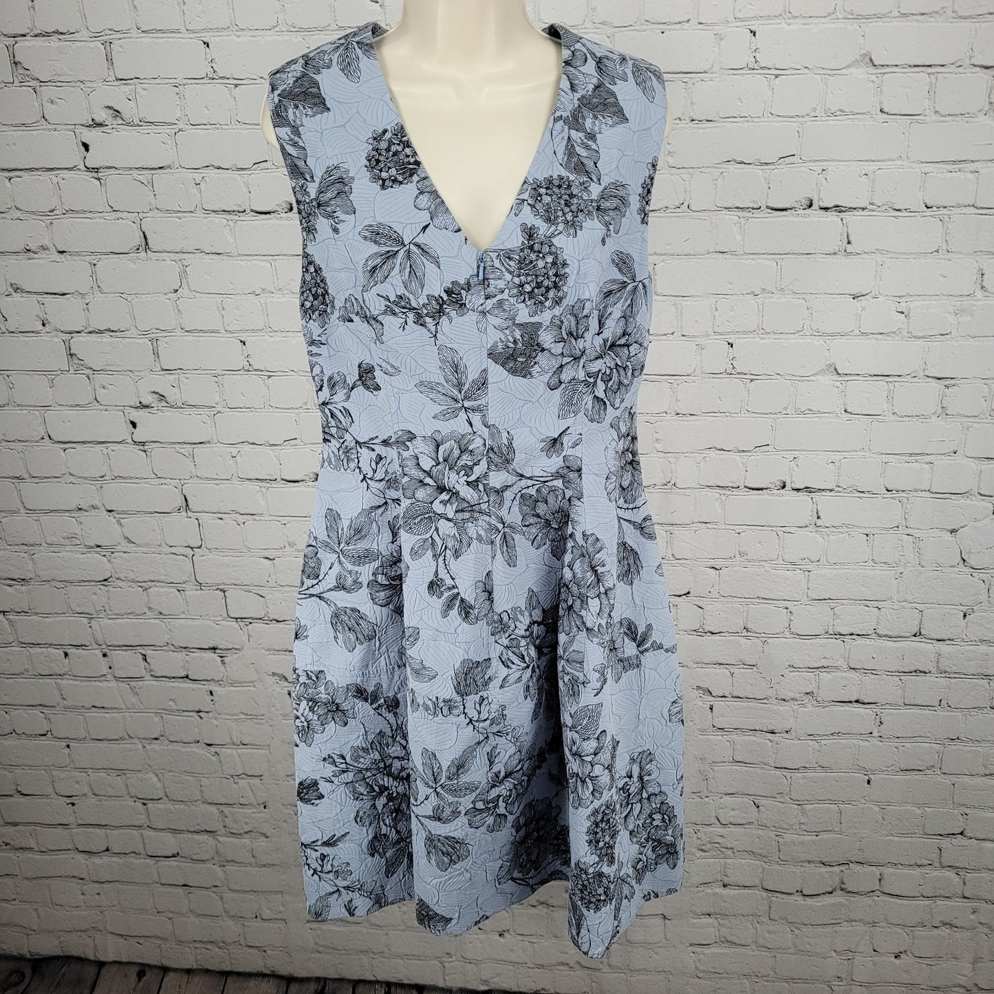 Lela Rose Blue Floral Sleeveless Front Zip Pockets Lined A Line Dress USA 6