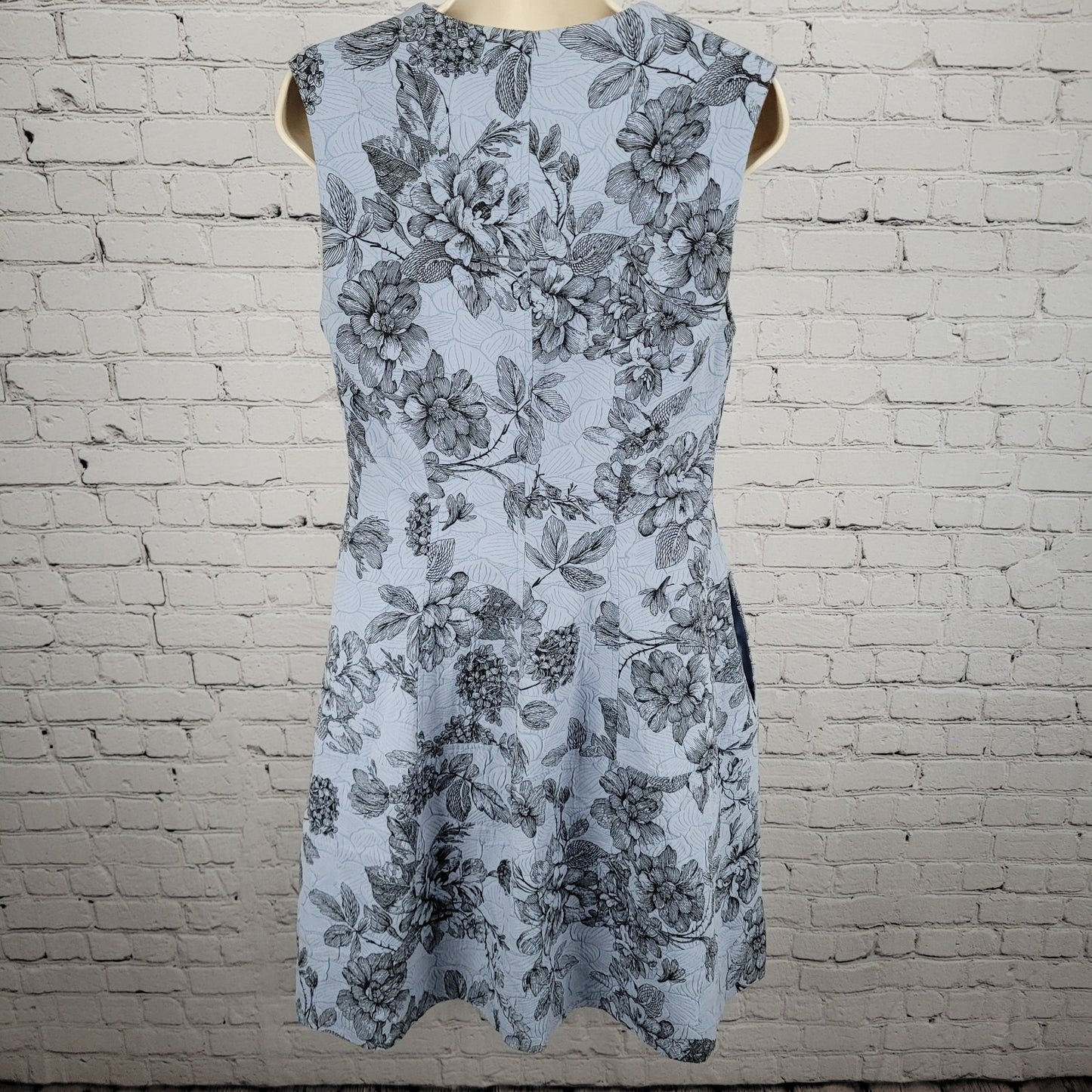 Lela Rose Blue Floral Sleeveless Front Zip Pockets Lined A Line Dress USA 6