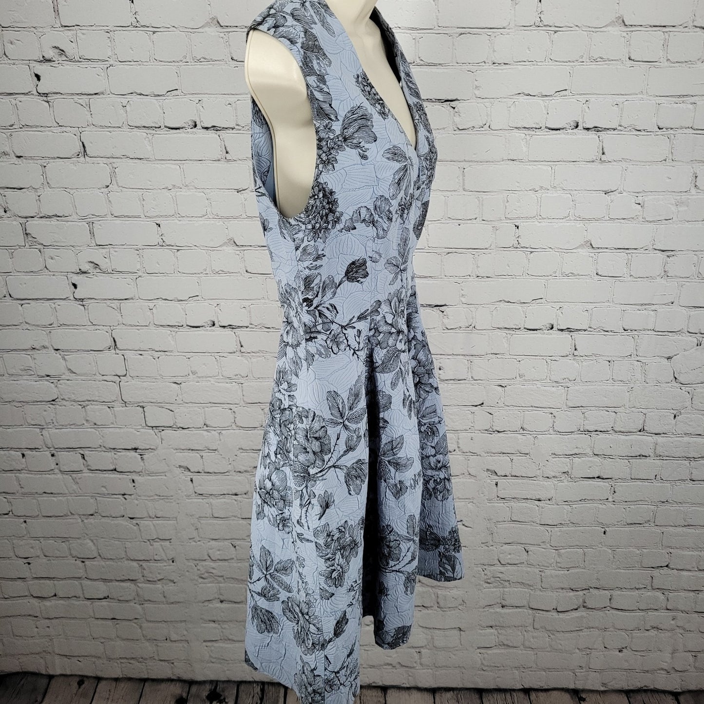 Lela Rose Blue Floral Sleeveless Front Zip Pockets Lined A Line Dress USA 6