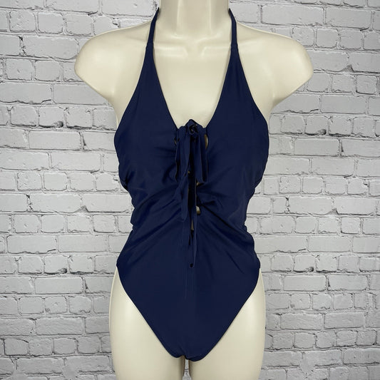 Aerie Blue Front Strappy Tie Halter Backless Cheeky One Piece Swimsuit Small S