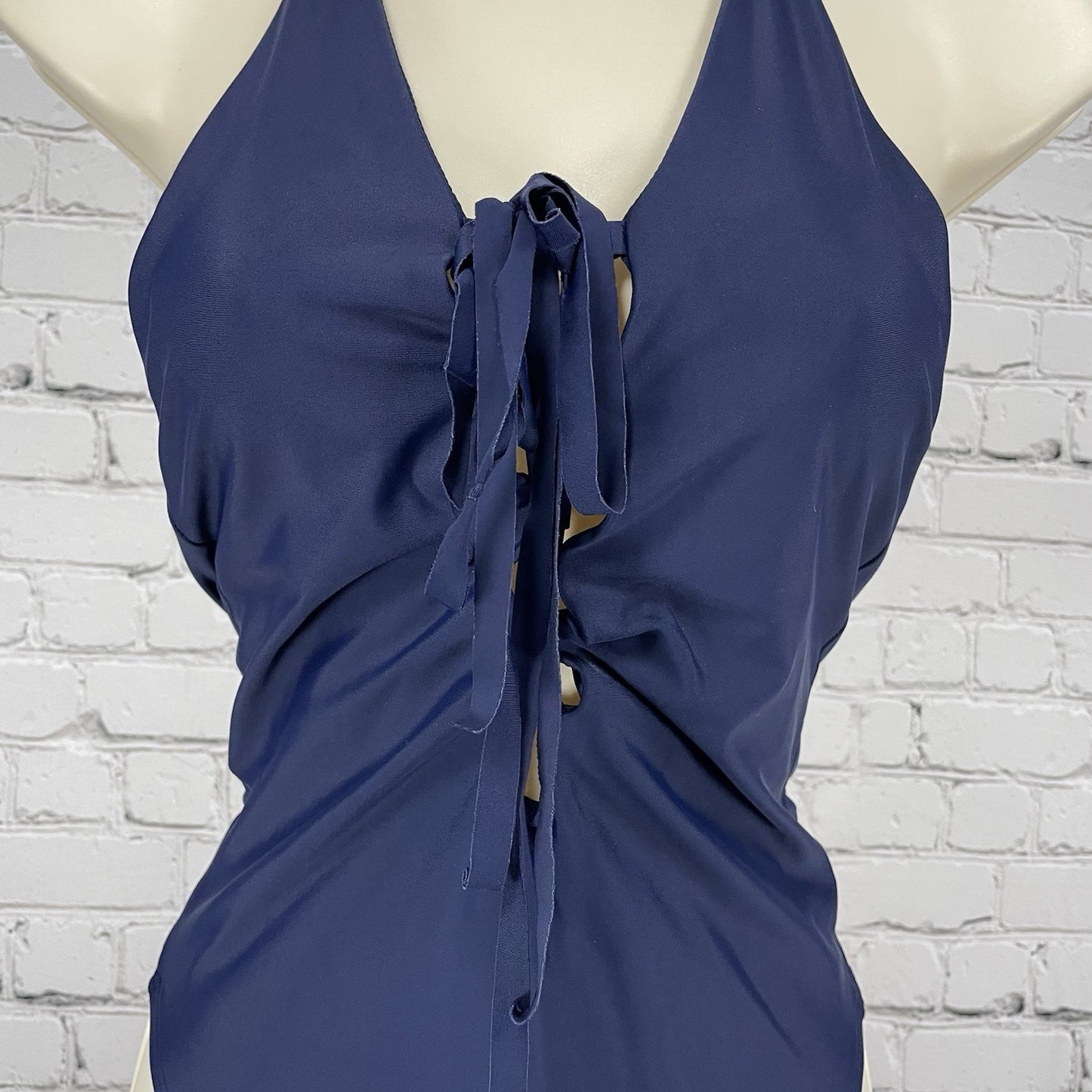 Aerie Blue Front Strappy Tie Halter Backless Cheeky One Piece Swimsuit Small S