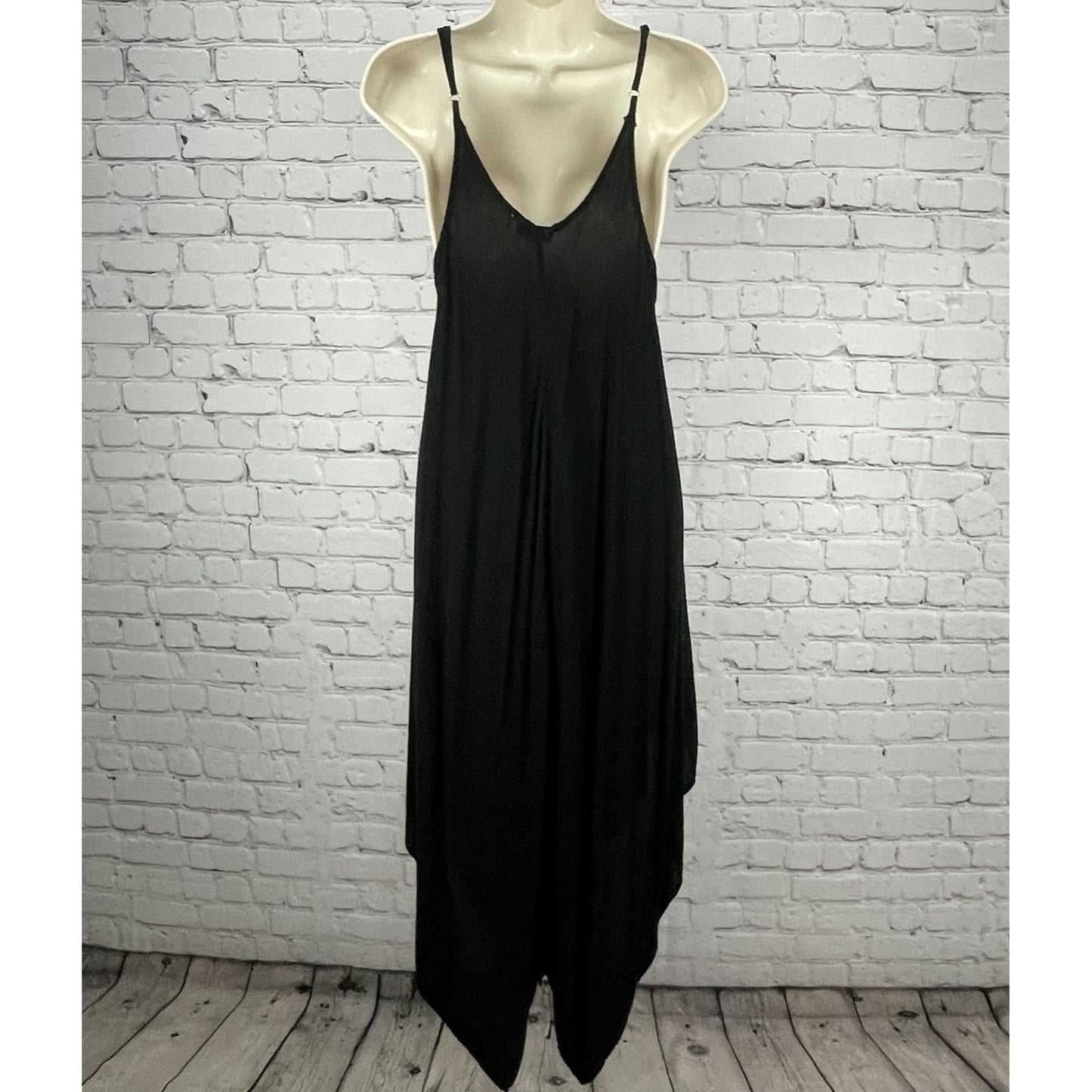 Elan Black Asymmetrical Lightweight Sleeveless V Neck Midi Flowy Dress Size XS