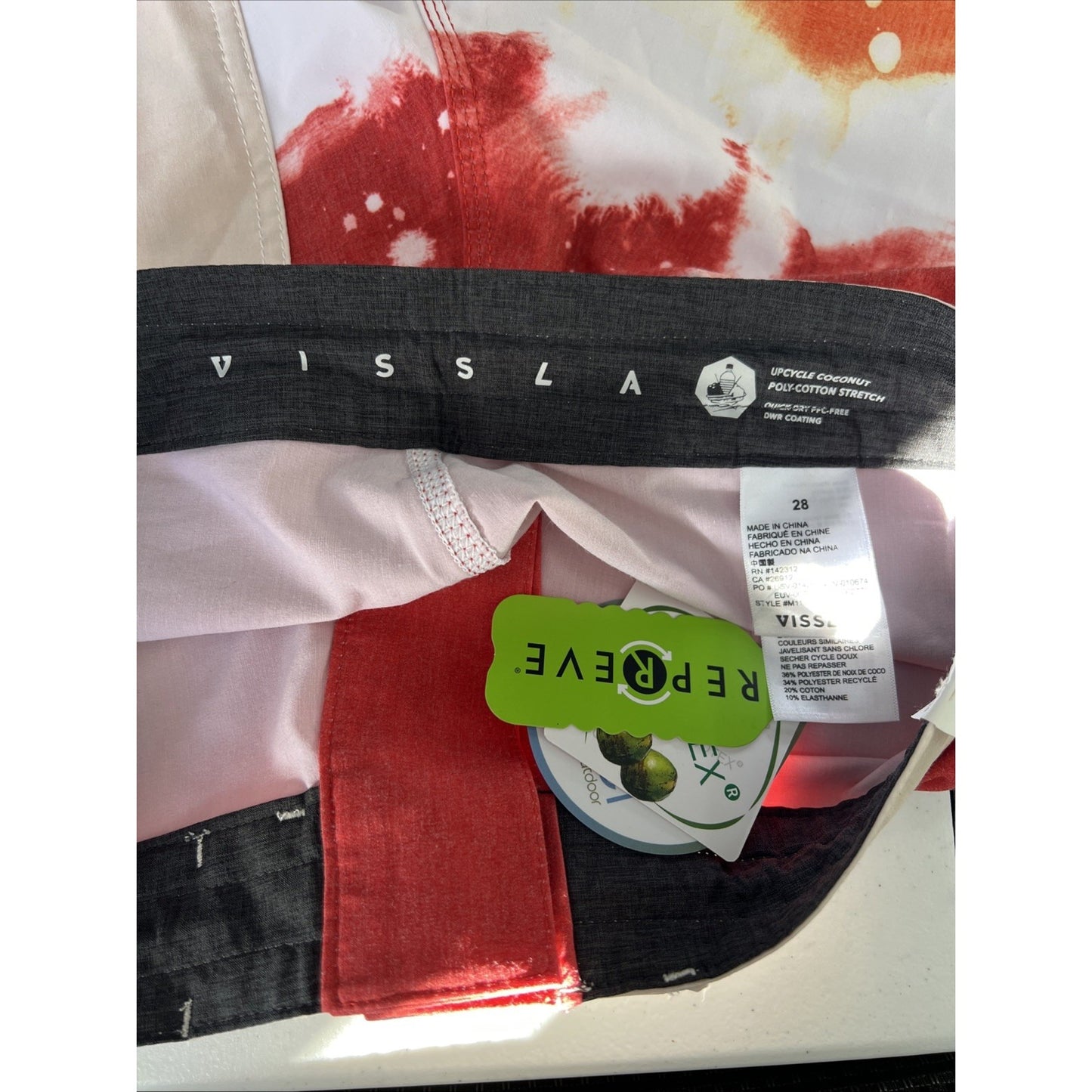 NWT Vissla Red Yellow Recycled Materials Stretch Swim Trunks Board Shorts 28