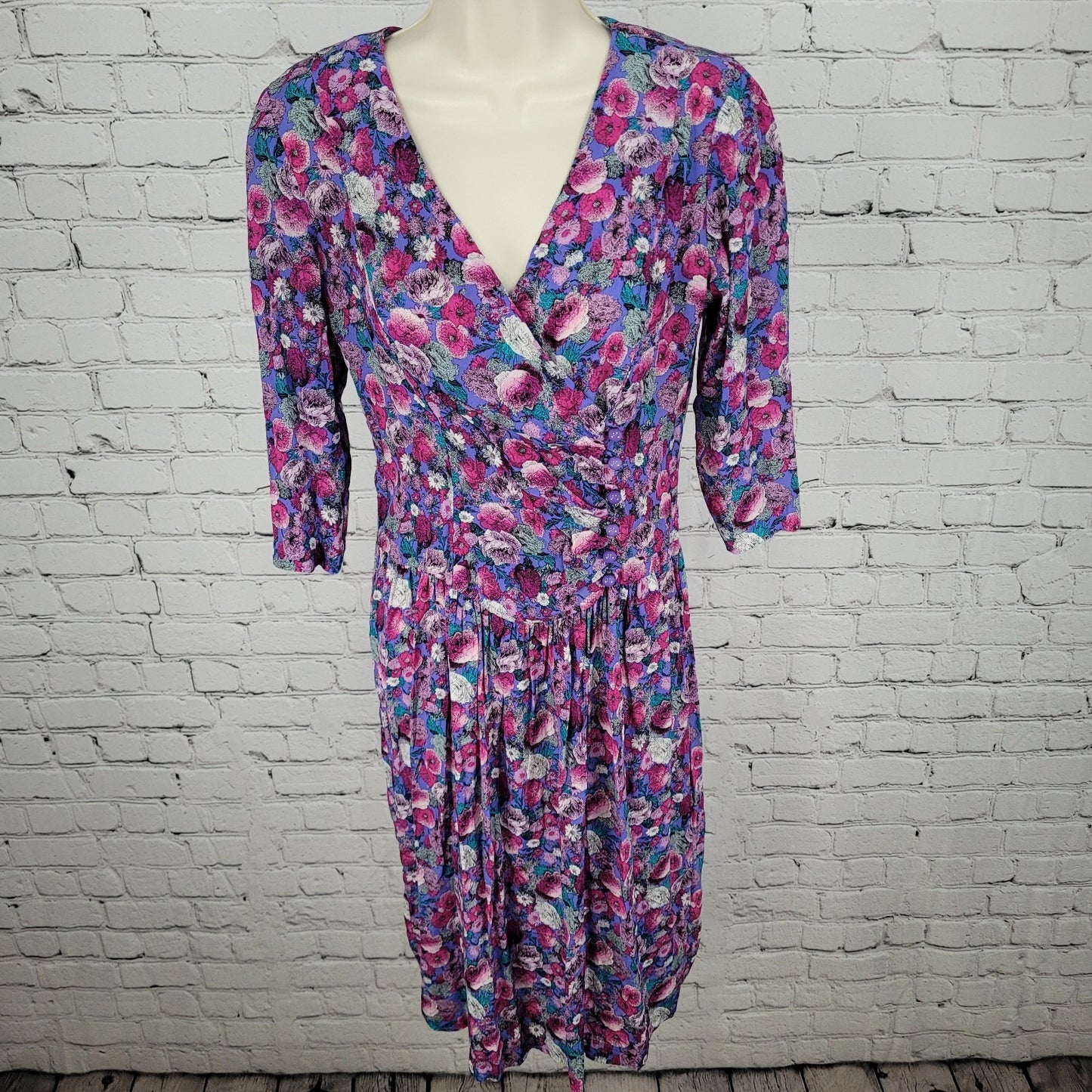 VTG Belle France Purple Floral Drop Waist Ruched Midi Dress USA Made Size 8P