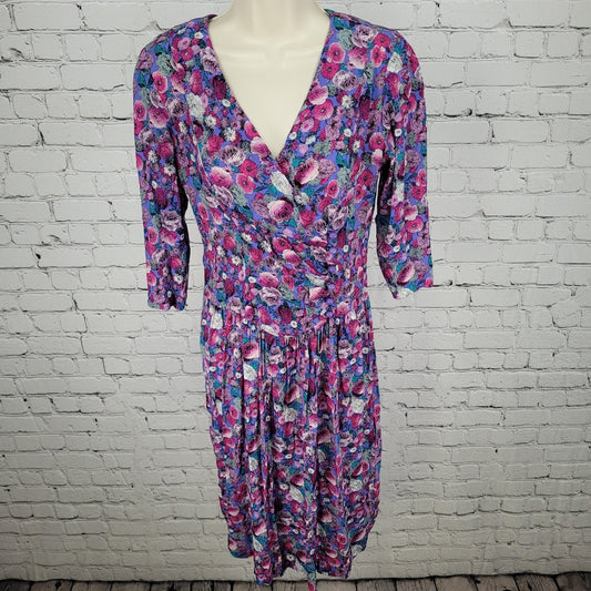 VTG Belle France Purple Floral Drop Waist Ruched Midi Dress USA Made Size 8P