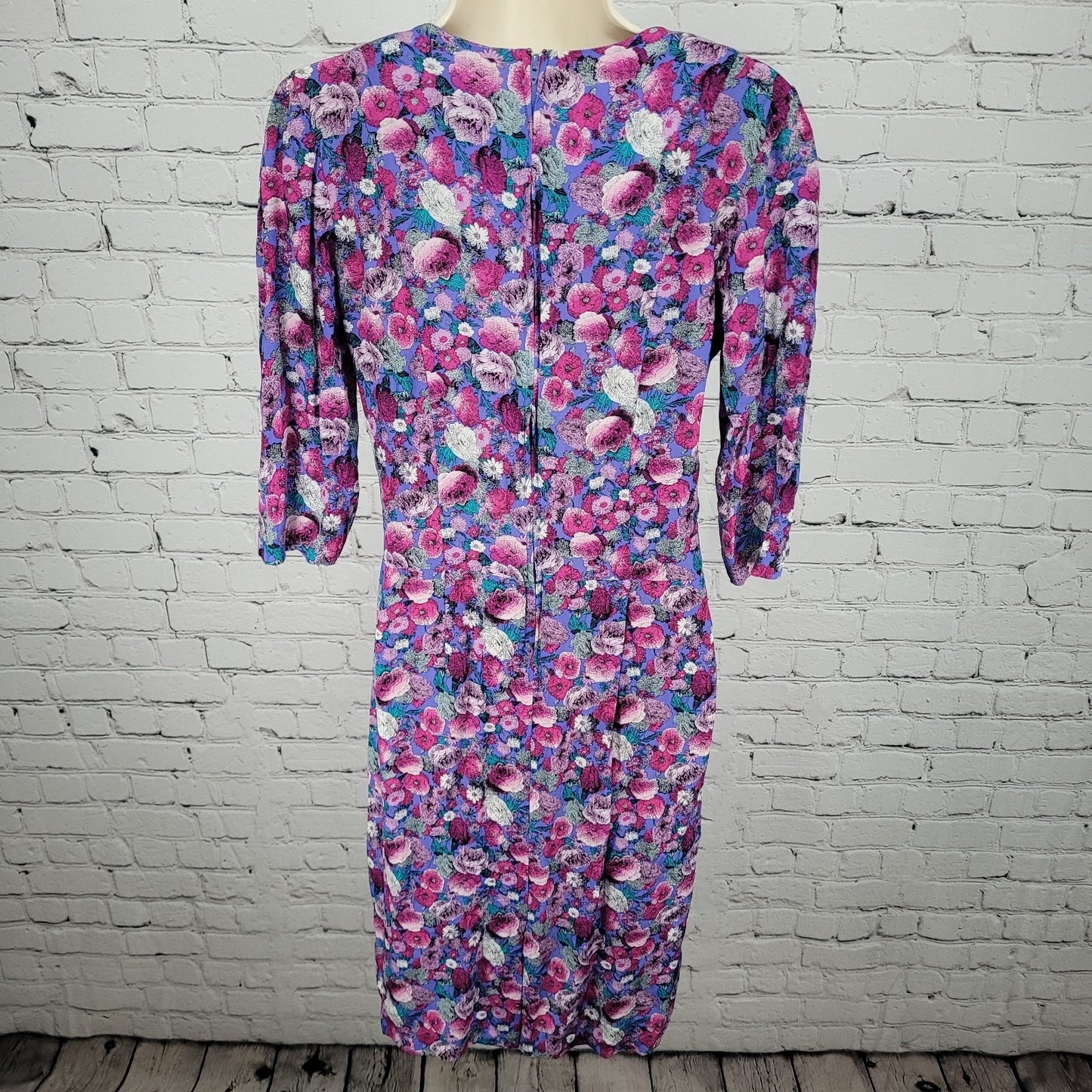 VTG Belle France Purple Floral Drop Waist Ruched Midi Dress USA Made Size 8P