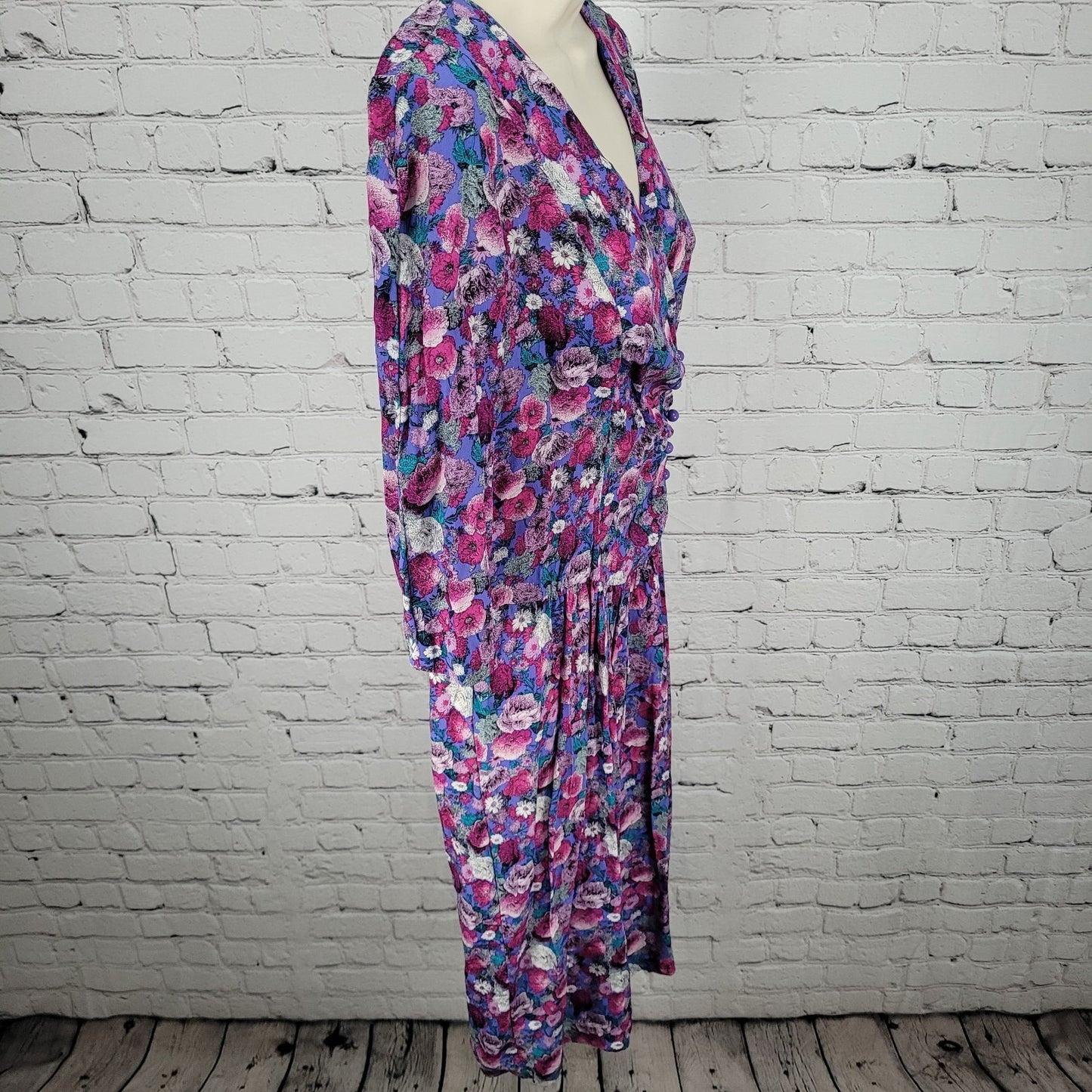 VTG Belle France Purple Floral Drop Waist Ruched Midi Dress USA Made Size 8P
