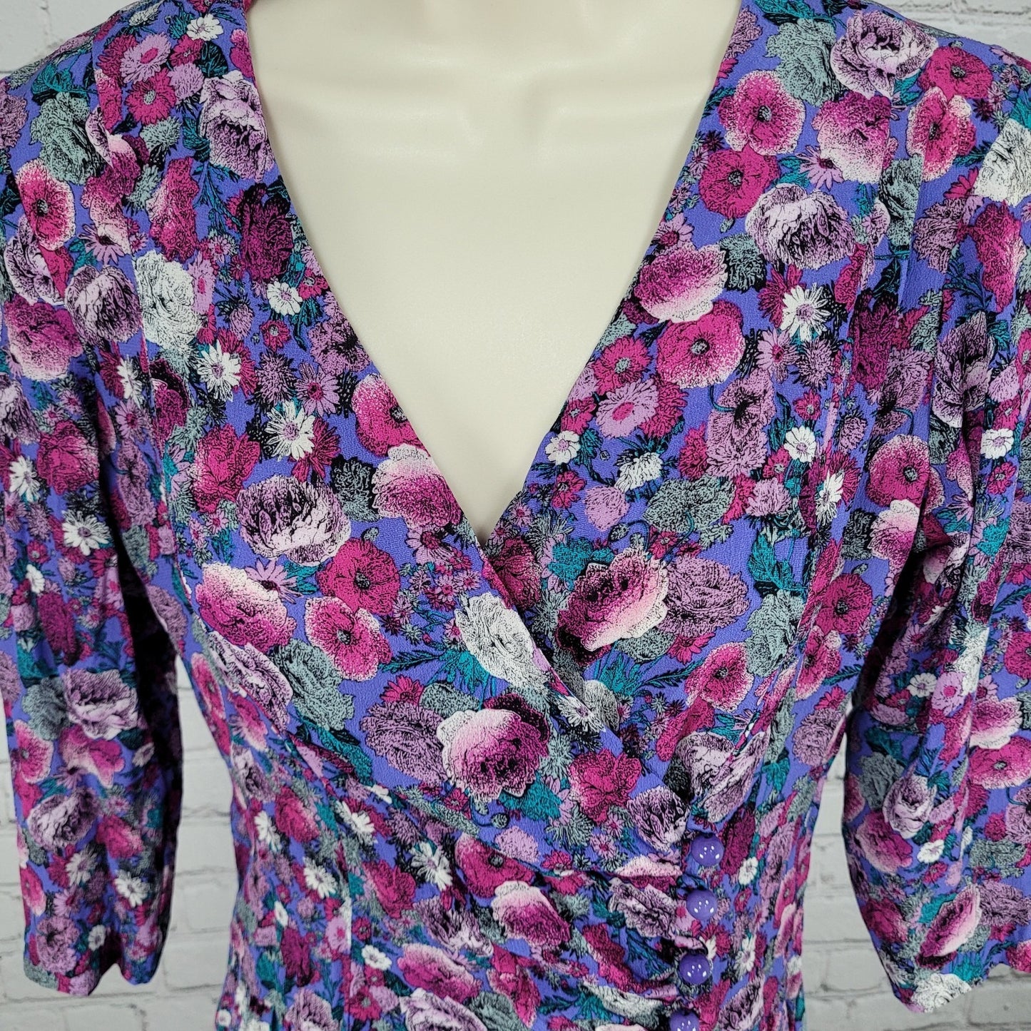 VTG Belle France Purple Floral Drop Waist Ruched Midi Dress USA Made Size 8P