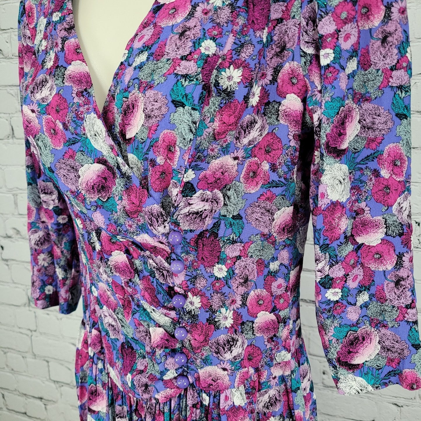 VTG Belle France Purple Floral Drop Waist Ruched Midi Dress USA Made Size 8P