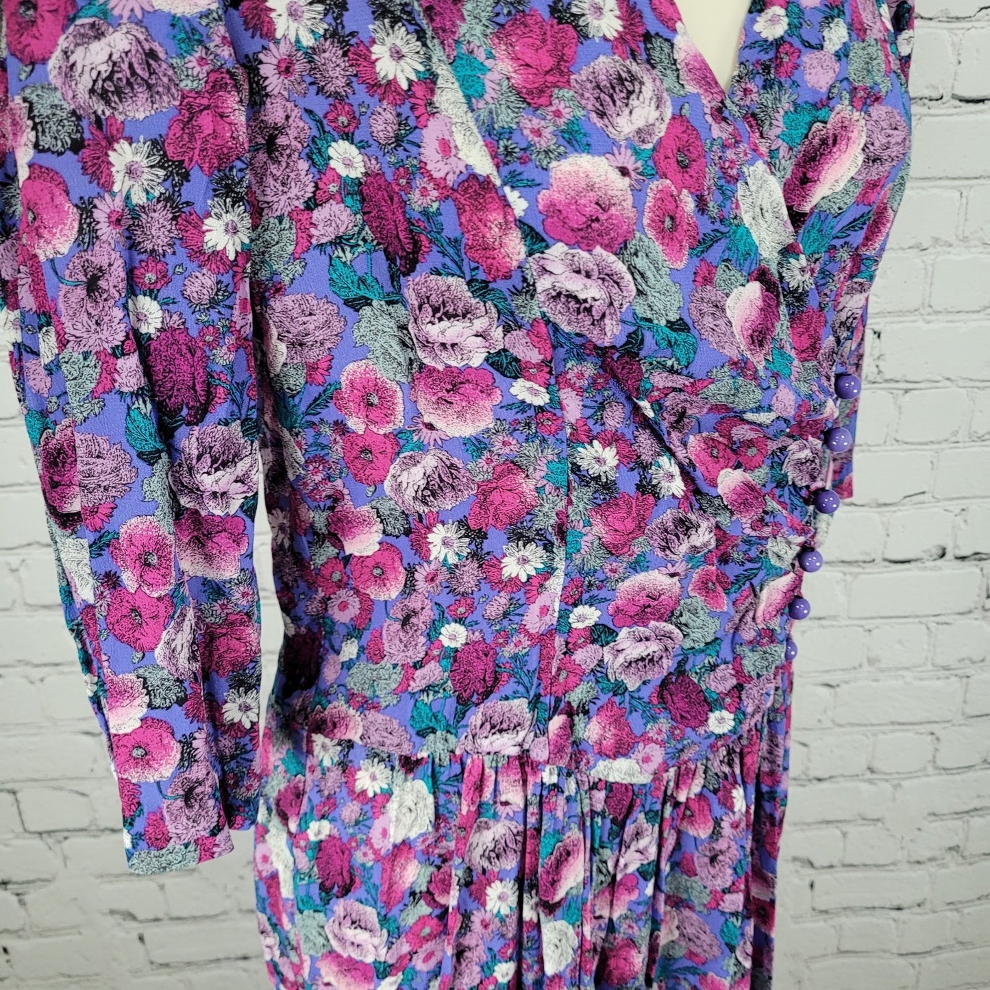 VTG Belle France Purple Floral Drop Waist Ruched Midi Dress USA Made Size 8P