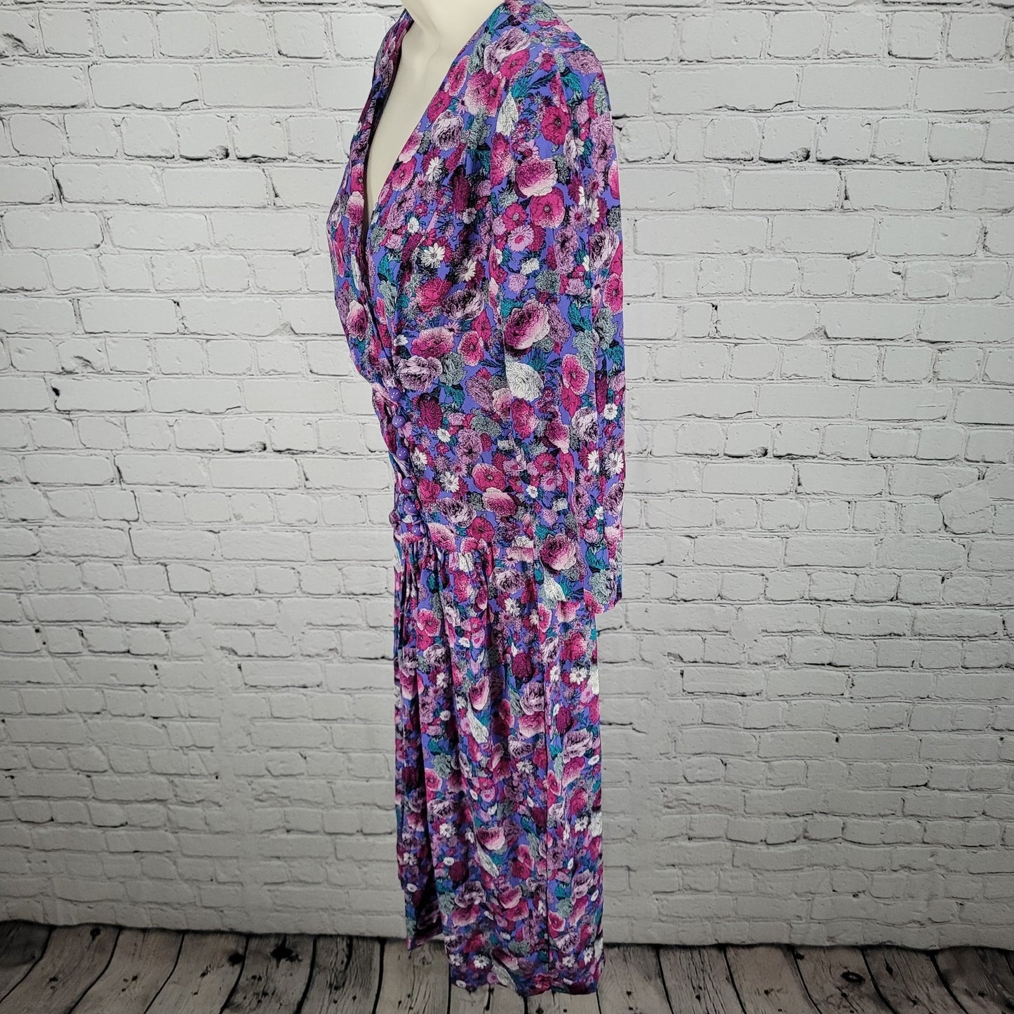 VTG Belle France Purple Floral Drop Waist Ruched Midi Dress USA Made Size 8P