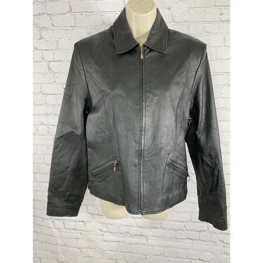 Passports 100% Leather Black Collared Full Zip Pocket Long Sleeve Jacket L Large