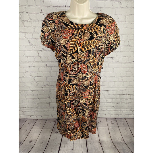 VTG Maggy London Earth Toned Leaf Print Beaded Accent Shoulder Pad Shift Dress 8