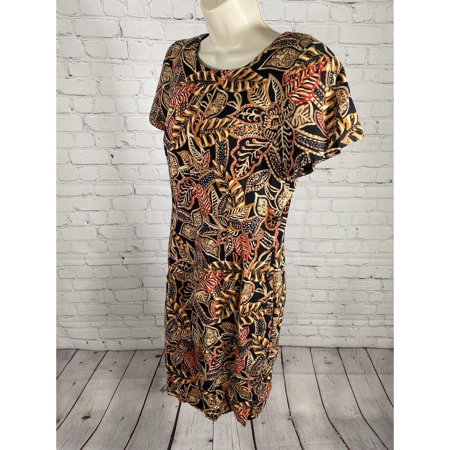 VTG Maggy London Earth Toned Leaf Print Beaded Accent Shoulder Pad Shift Dress 8