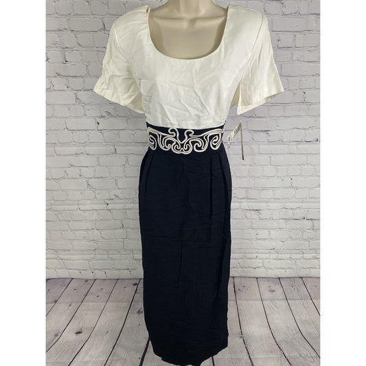 NWT John Roberts Black White Embroidered Waist Tie Back Zip Dress 12