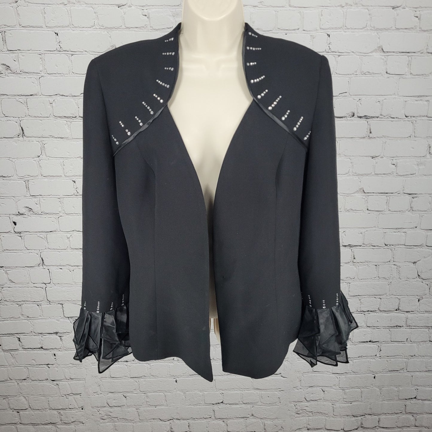 Serafina Black Open Rhinestone Ruffle Cuff Shoulder Pads Lined Jacket Size 14