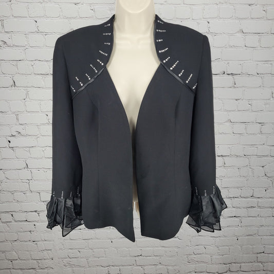 Serafina Black Open Rhinestone Ruffle Cuff Shoulder Pads Lined Jacket Size 14