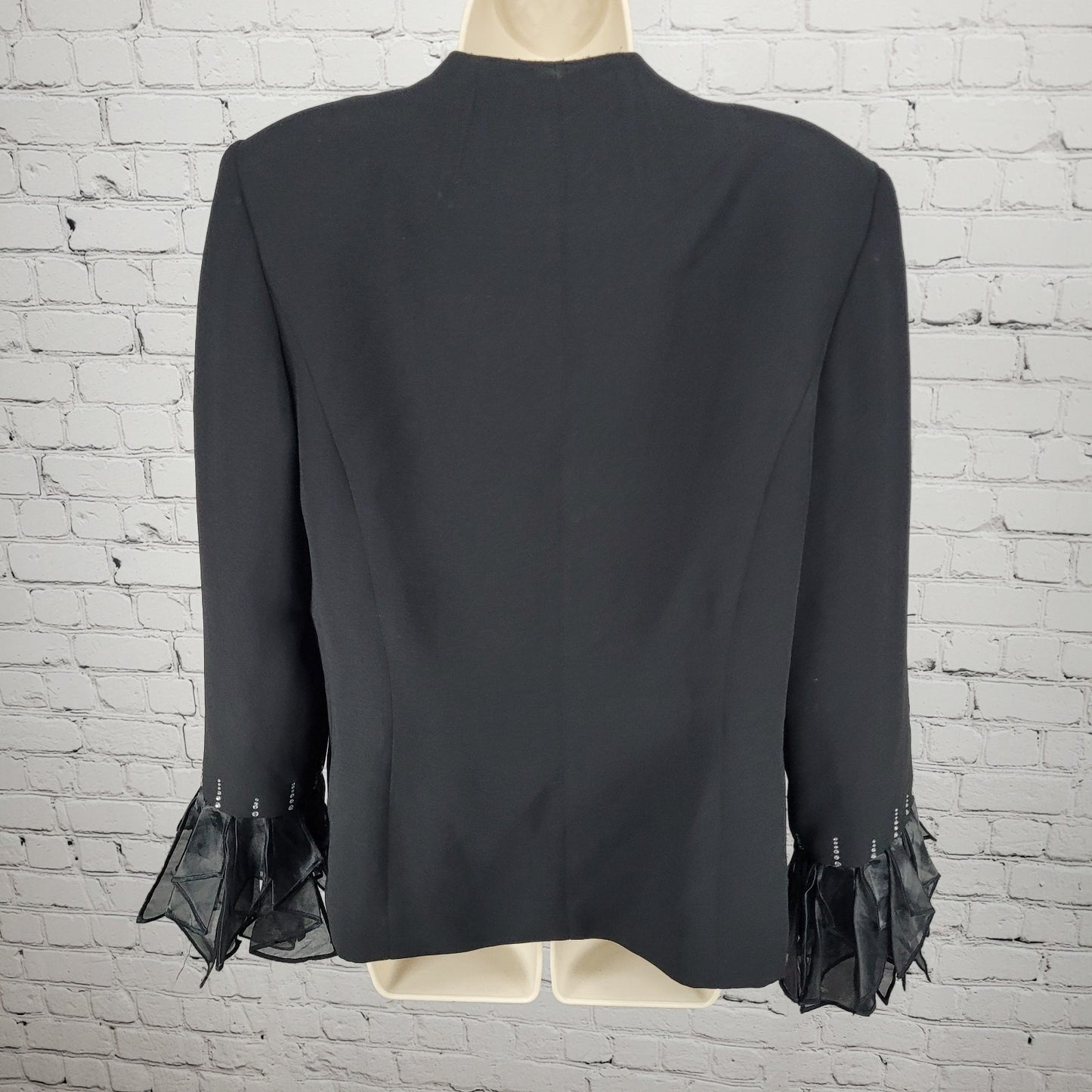Serafina Black Open Rhinestone Ruffle Cuff Shoulder Pads Lined Jacket Size 14