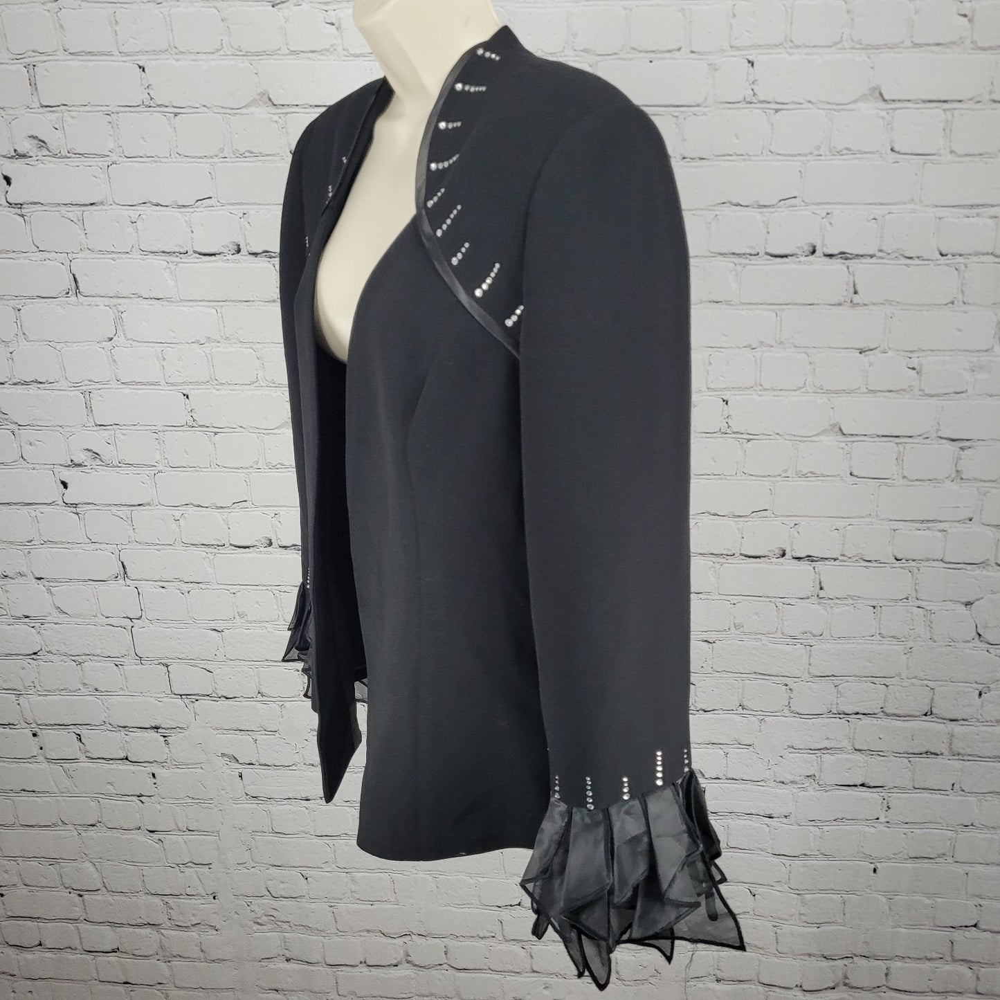 Serafina Black Open Rhinestone Ruffle Cuff Shoulder Pads Lined Jacket Size 14