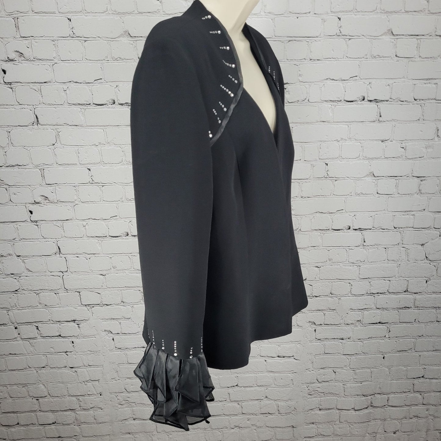 Serafina Black Open Rhinestone Ruffle Cuff Shoulder Pads Lined Jacket Size 14