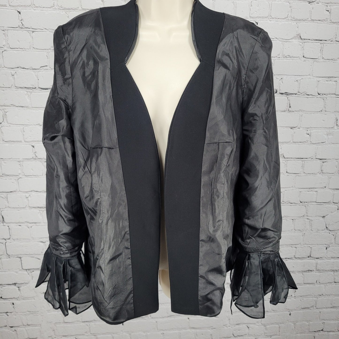 Serafina Black Open Rhinestone Ruffle Cuff Shoulder Pads Lined Jacket Size 14