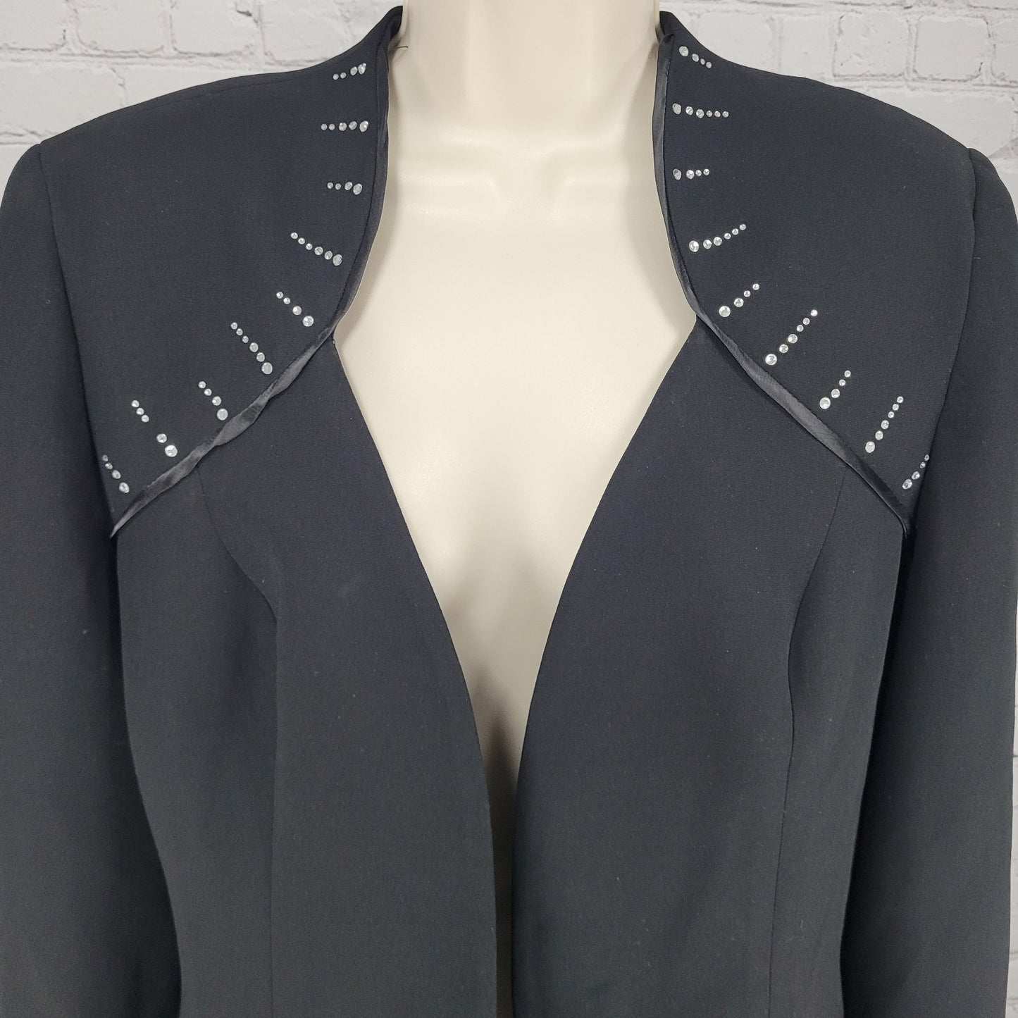 Serafina Black Open Rhinestone Ruffle Cuff Shoulder Pads Lined Jacket Size 14