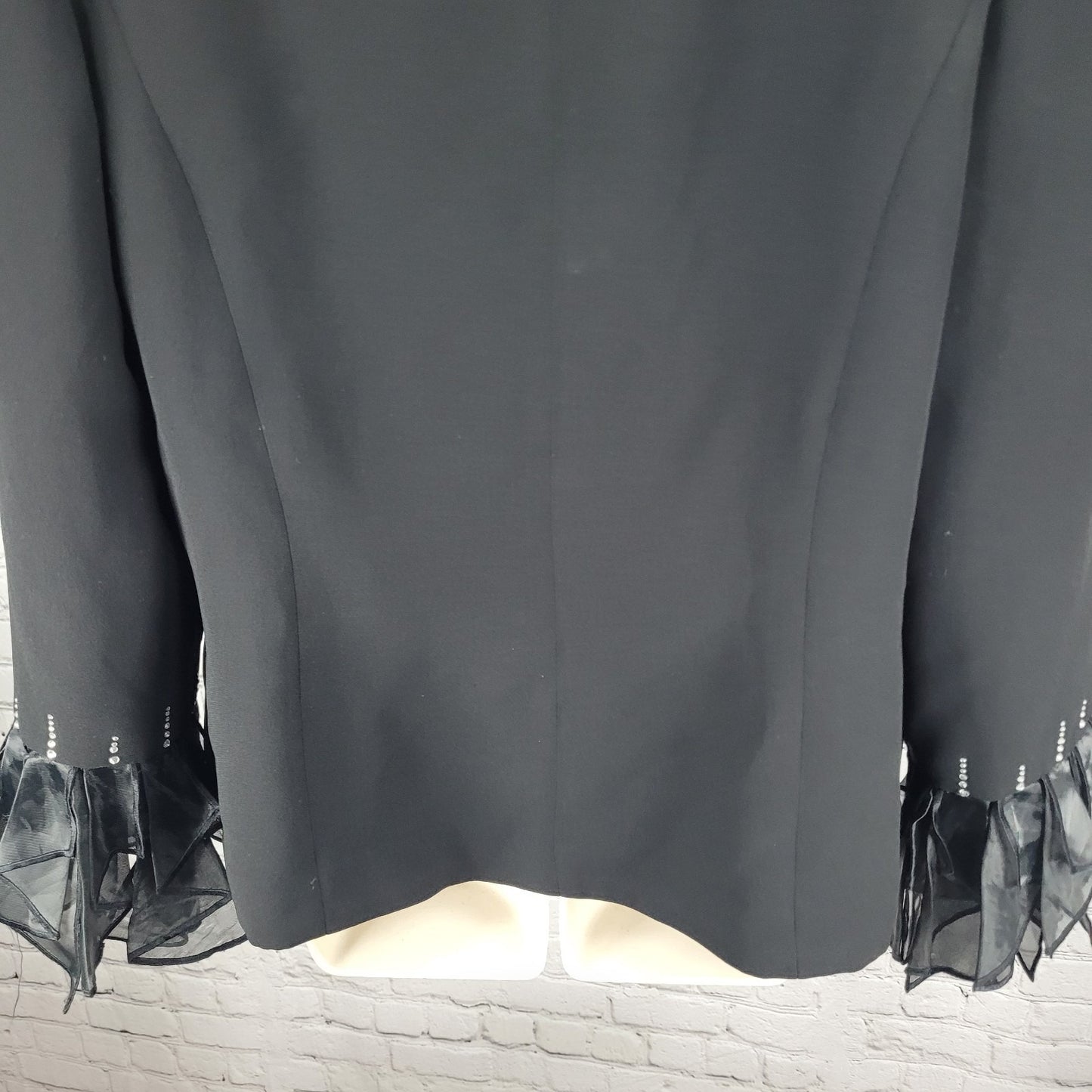 Serafina Black Open Rhinestone Ruffle Cuff Shoulder Pads Lined Jacket Size 14