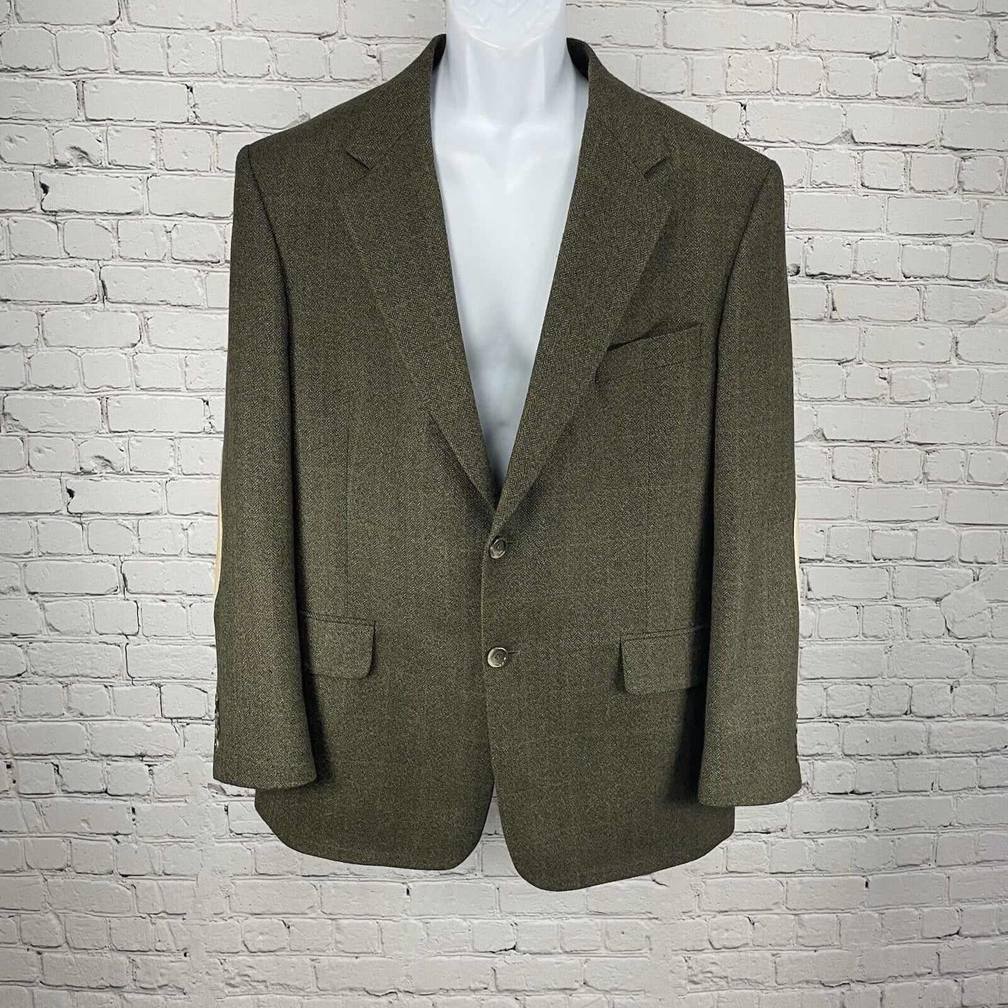 Evan Picone Green Brown Lambs Wool Herringbone Blazer 2 Button Vented Size 40R
