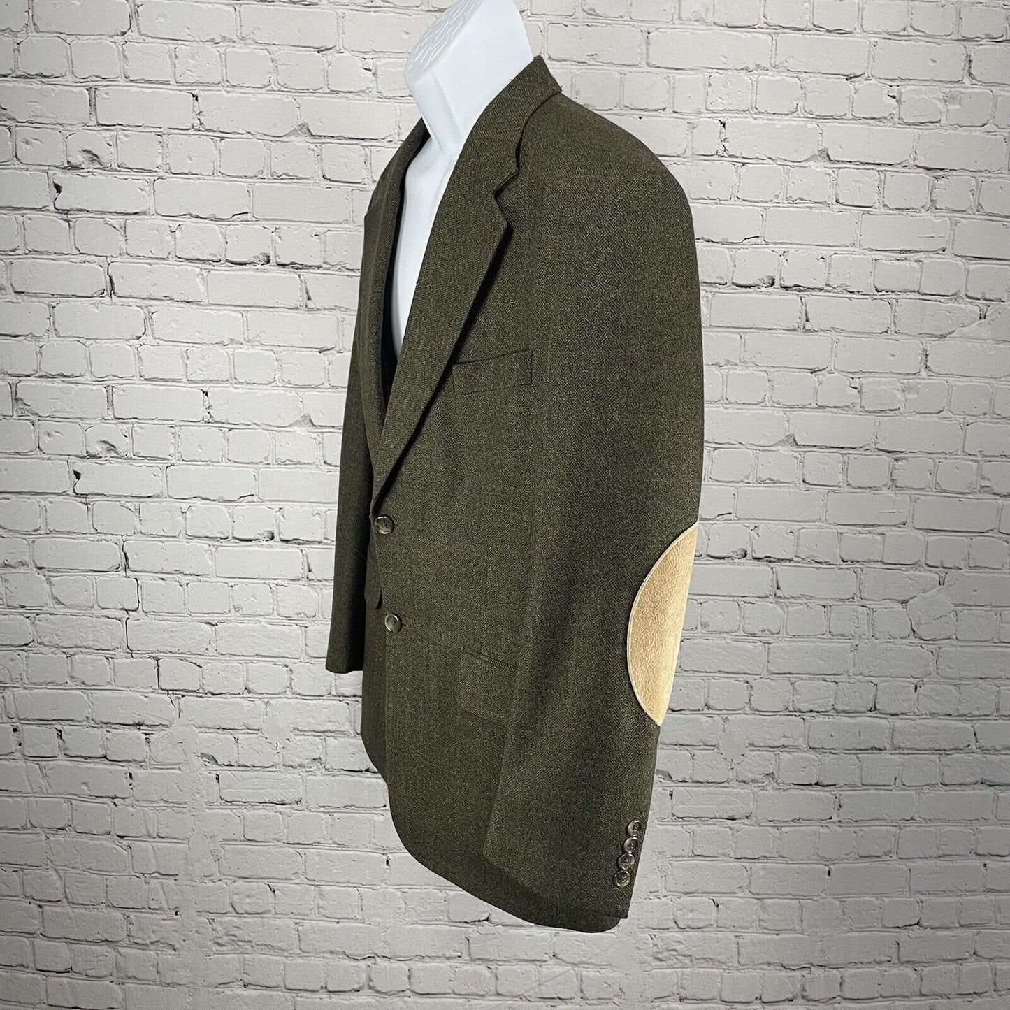 Evan Picone Green Brown Lambs Wool Herringbone Blazer 2 Button Vented Size 40R