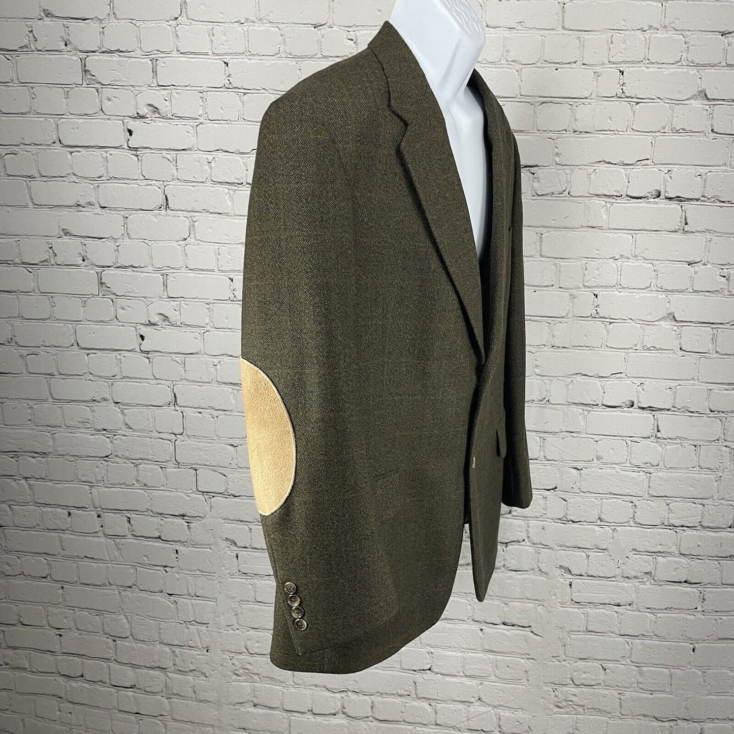 Evan Picone Green Brown Lambs Wool Herringbone Blazer 2 Button Vented Size 40R
