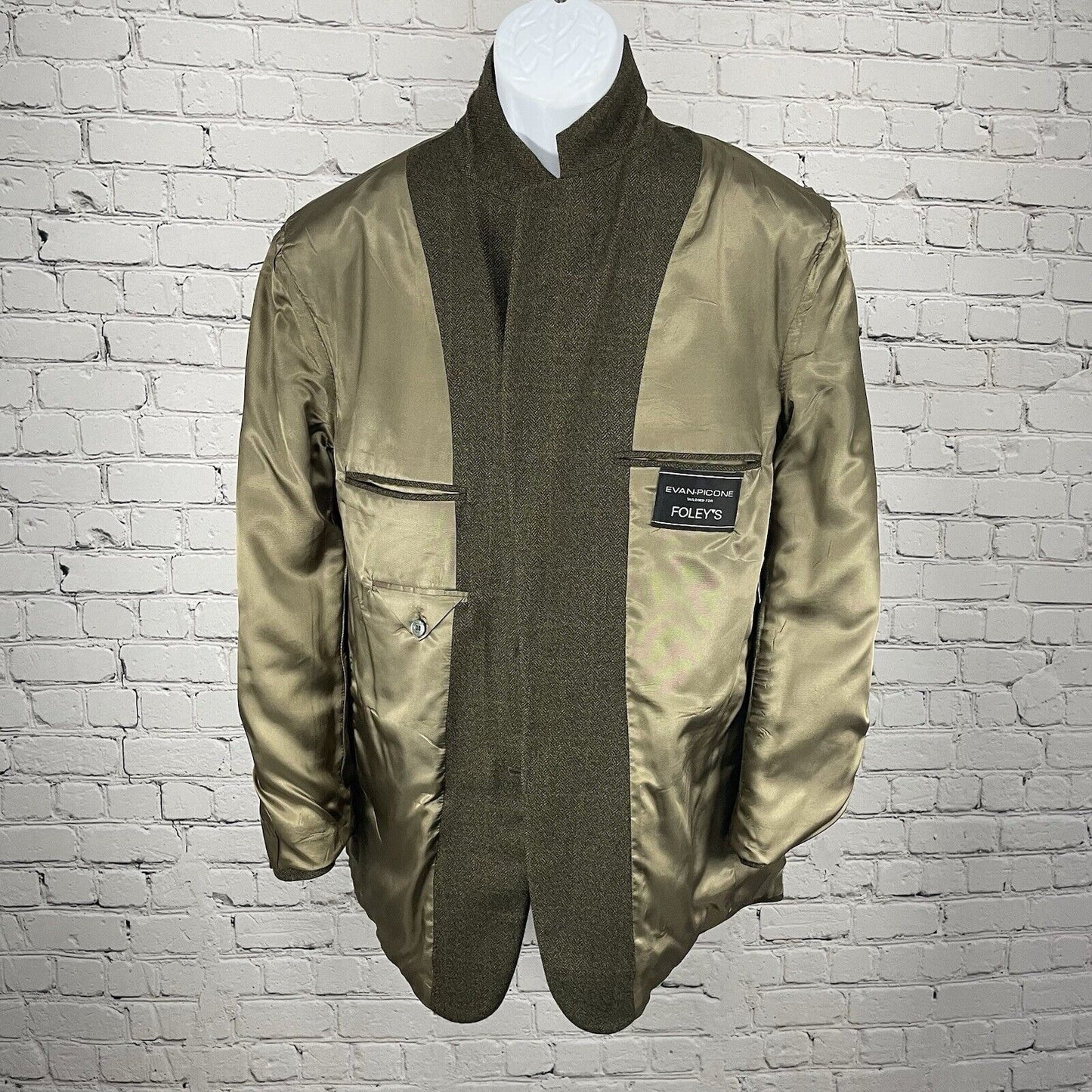 Evan Picone Green Brown Lambs Wool Herringbone Blazer 2 Button Vented Size 40R