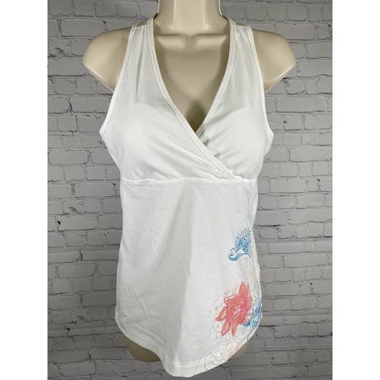 Eddie Bauer Sport White Floral Racer Back Padded V Neck Work Out Tank Top L