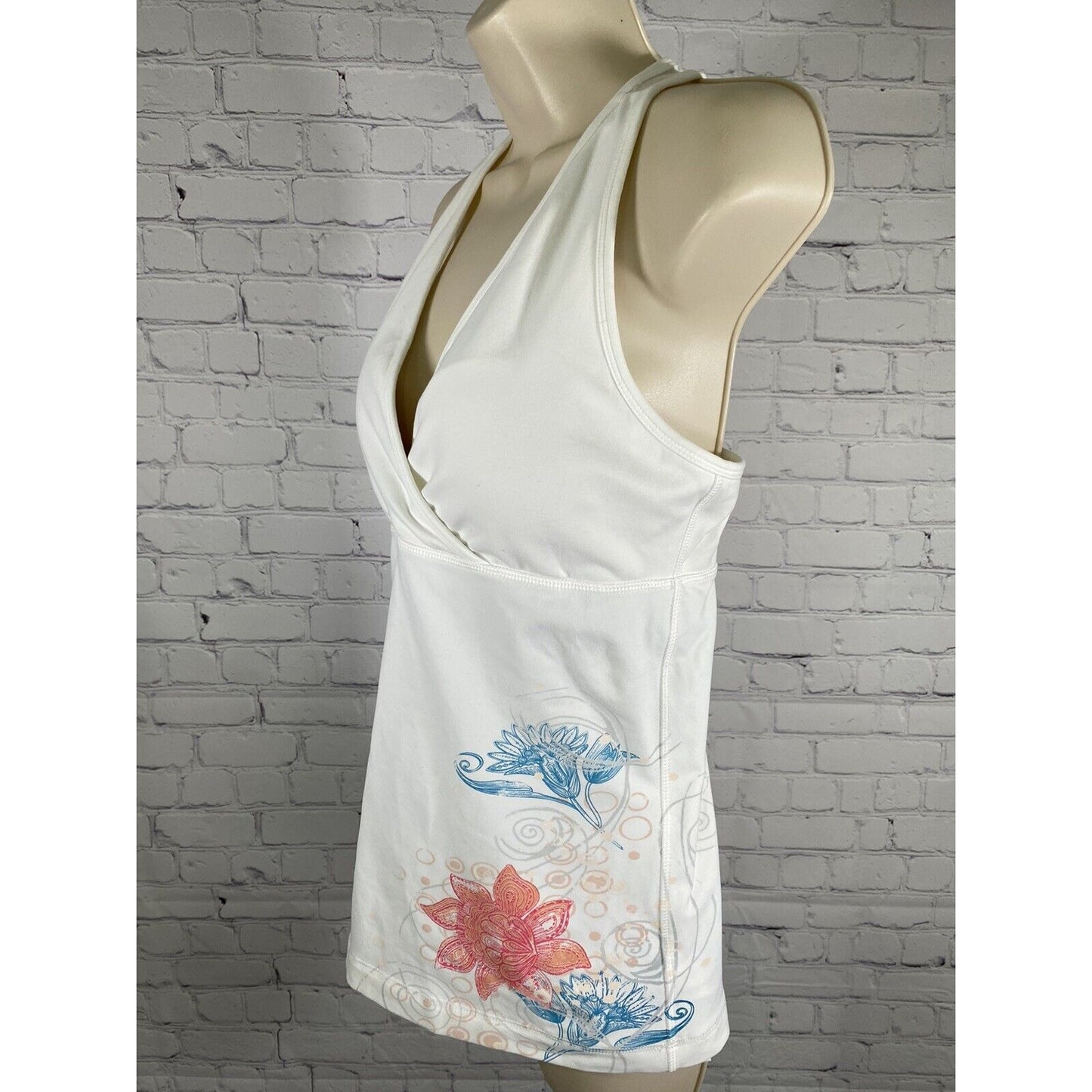 Eddie Bauer Sport White Floral Racer Back Padded V Neck Work Out Tank Top L