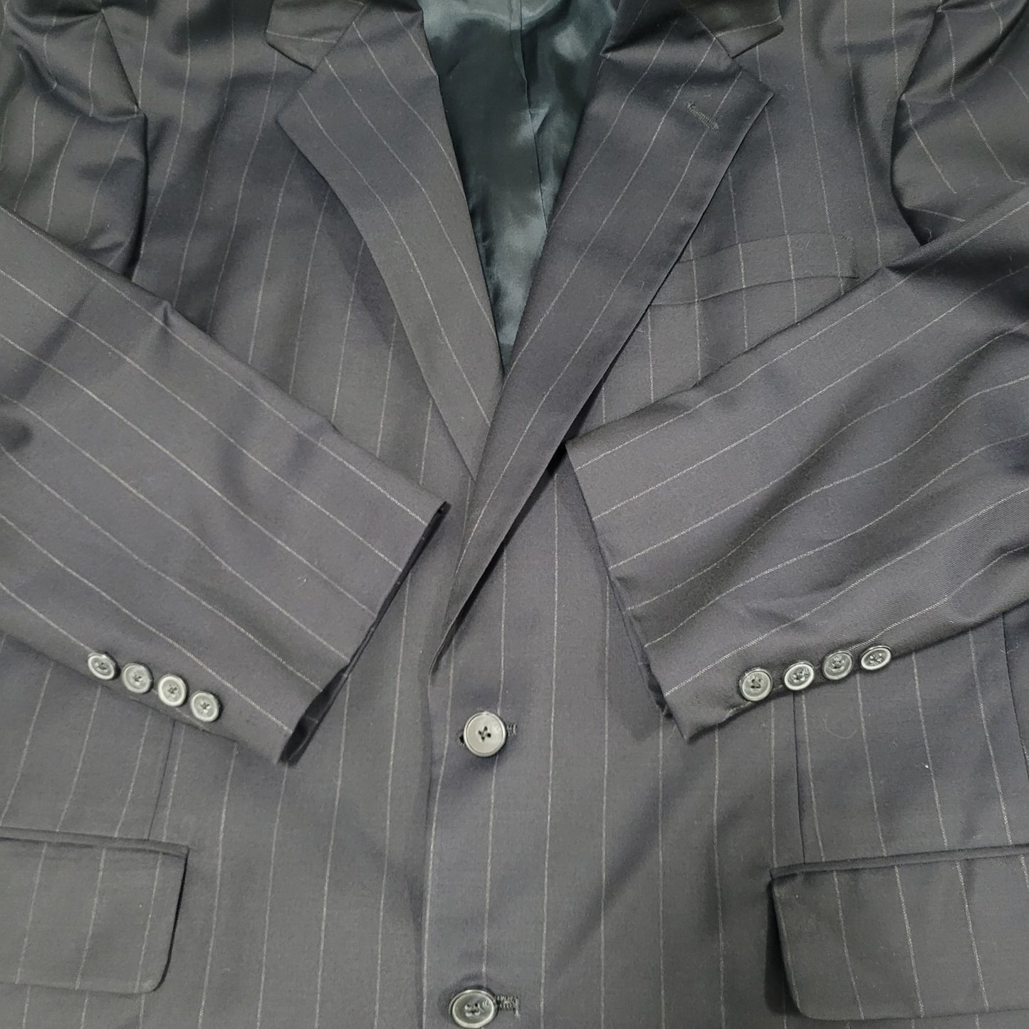 Greater Texas Clothing Navy Wool Pinstriped Full Suit USA Jacket 43 Pants 38x30