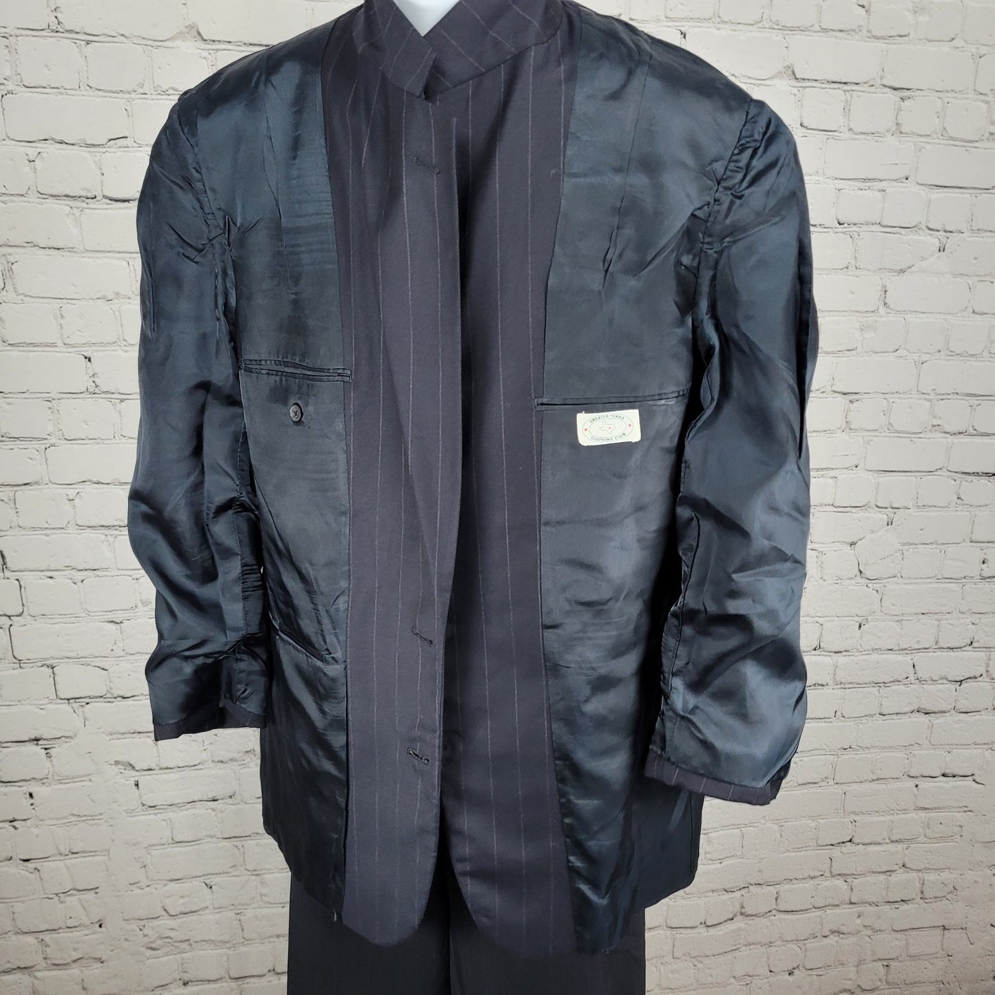 Greater Texas Clothing Navy Wool Pinstriped Full Suit USA Jacket 43 Pants 38x30