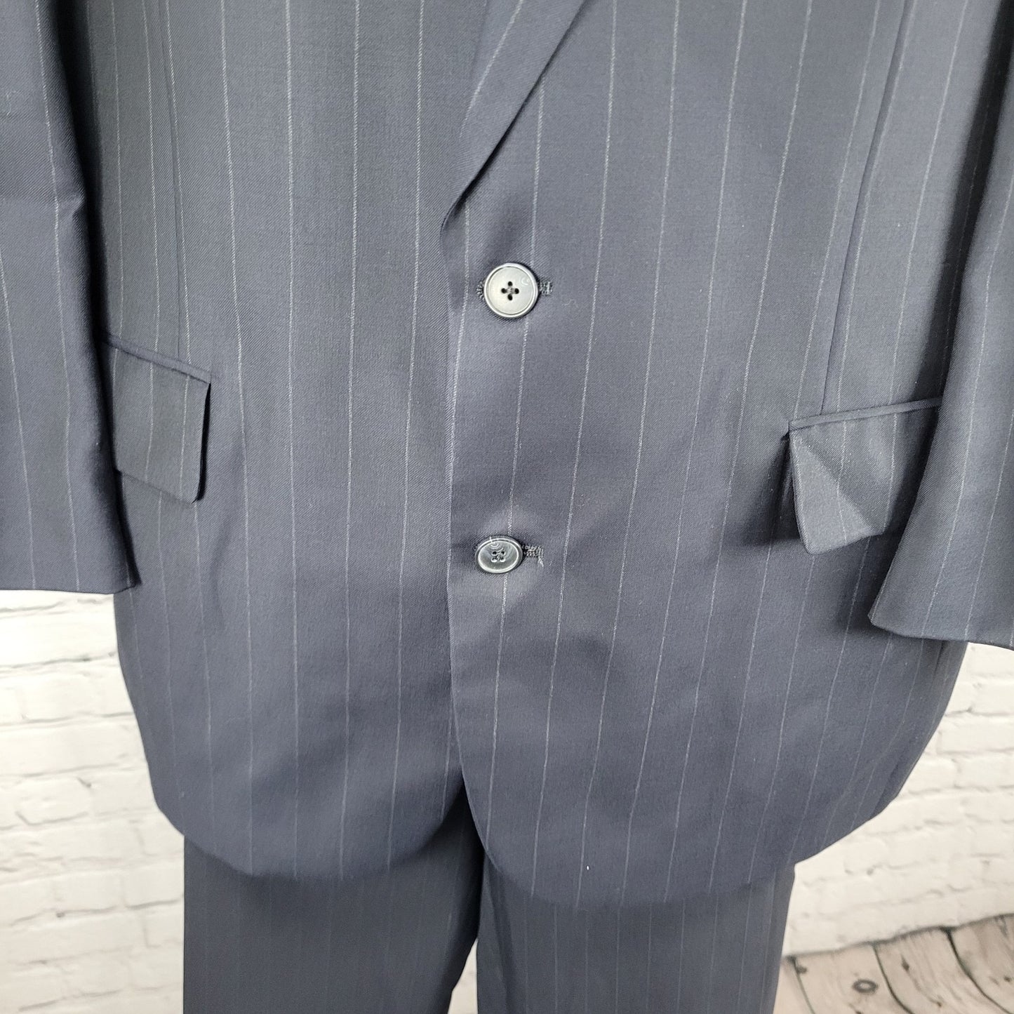 Greater Texas Clothing Navy Wool Pinstriped Full Suit USA Jacket 43 Pants 38x30
