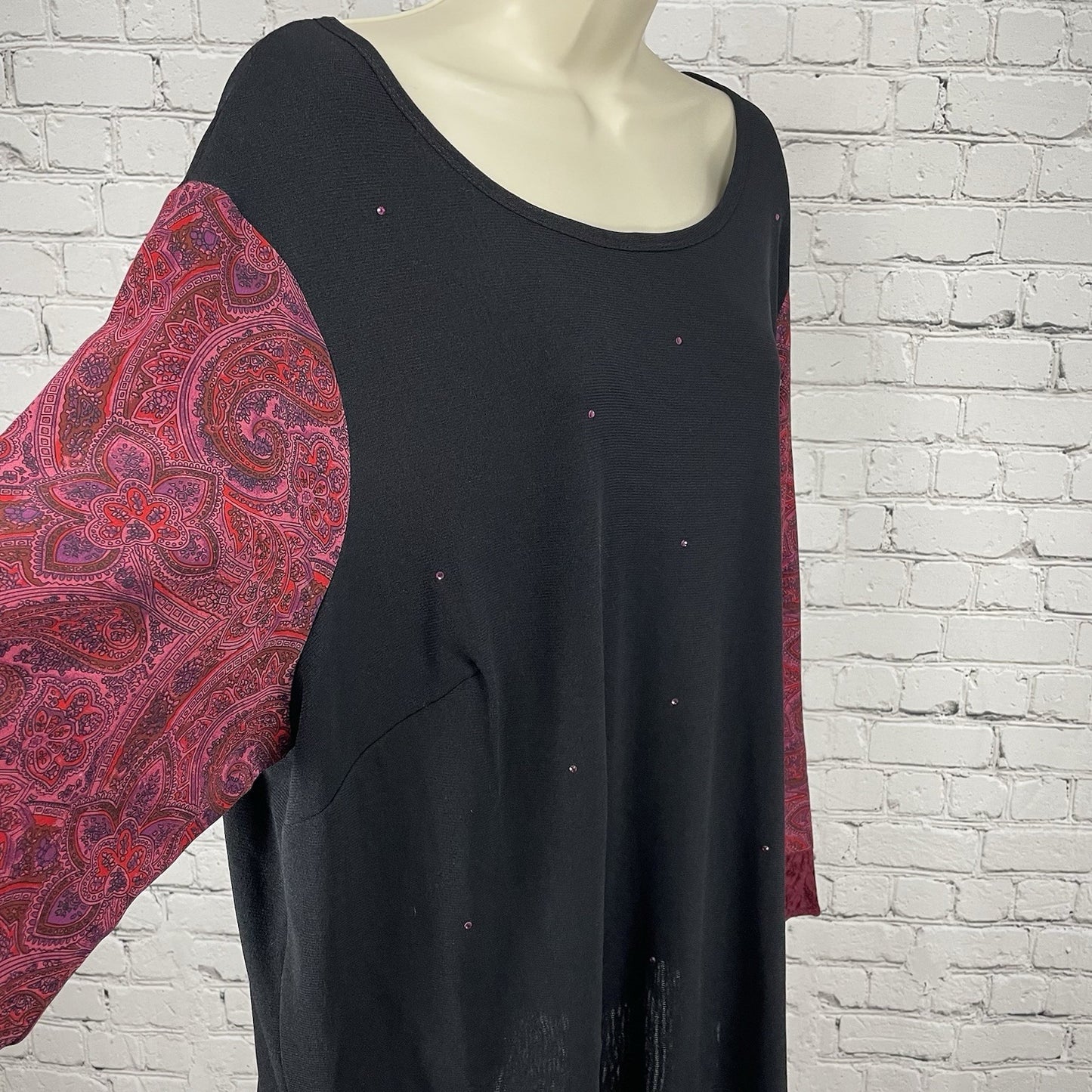 NWT Carole Little Black Pink Paisley Silk Detail Long Sleeve Blouse USA Size 3X