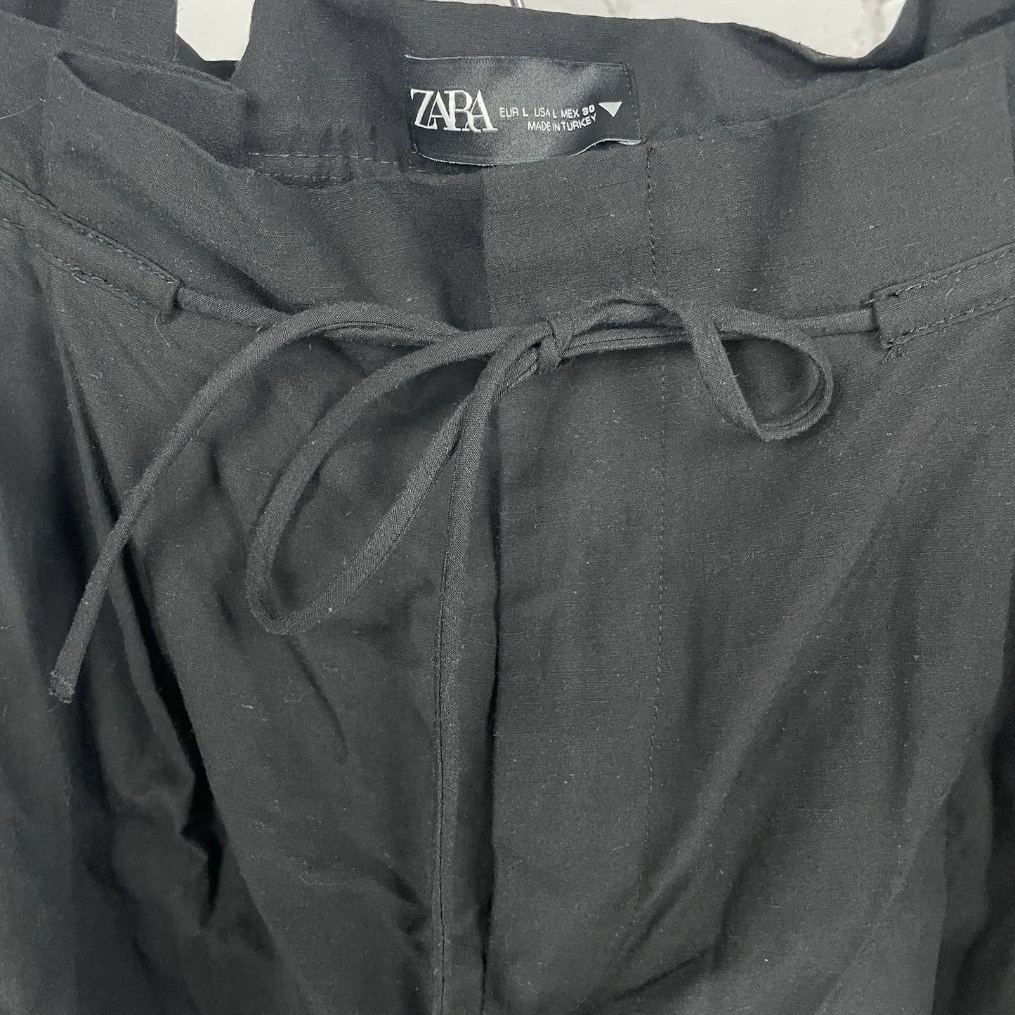 Zara Black Linen Cotton Pleated High Rise Paperbag Shorts Size Large L (32x3.5)