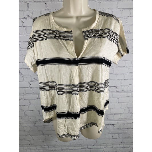Madewell Black Beige V Neck Striped Short Sleeve T Shirt Blouse S