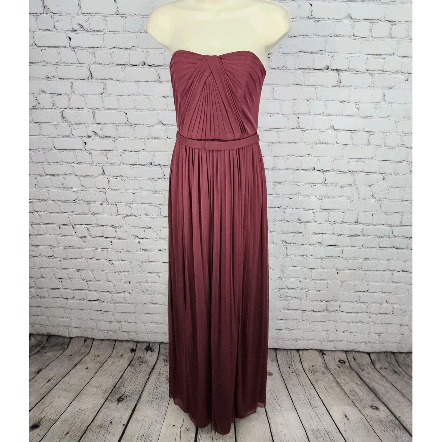 David's Bridal Red Strapless Pleated Belted Chiffon Overlay Maxi Dress 6