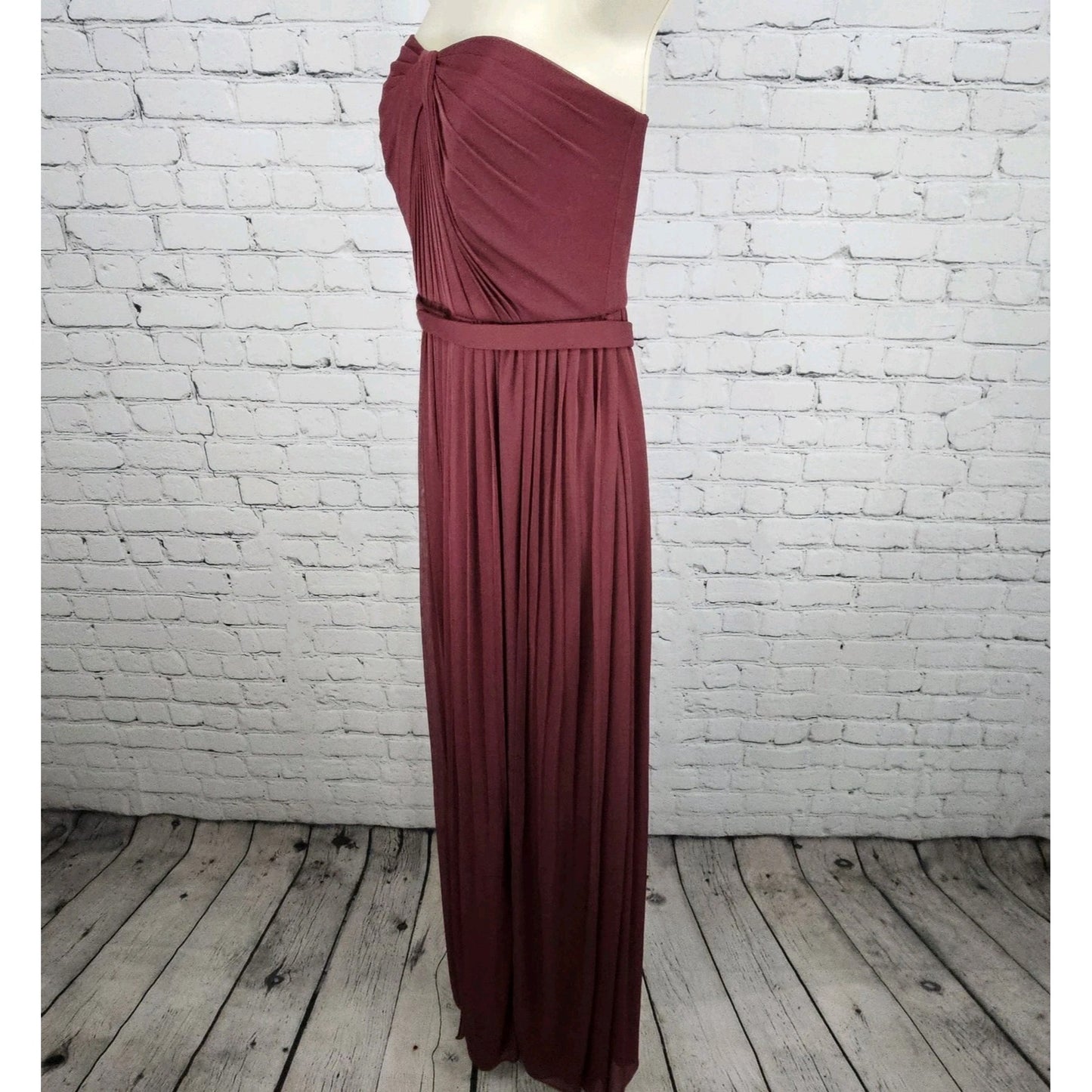 David's Bridal Red Strapless Pleated Belted Chiffon Overlay Maxi Dress 6
