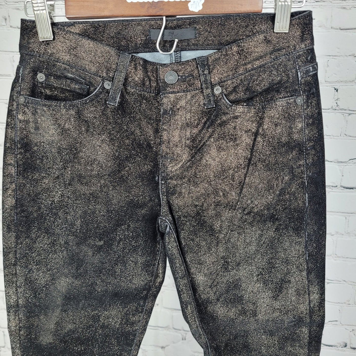 7 For All Mankind Black Metallic Shimmer Low Rise Skinny Pants Size 25 (25x29)