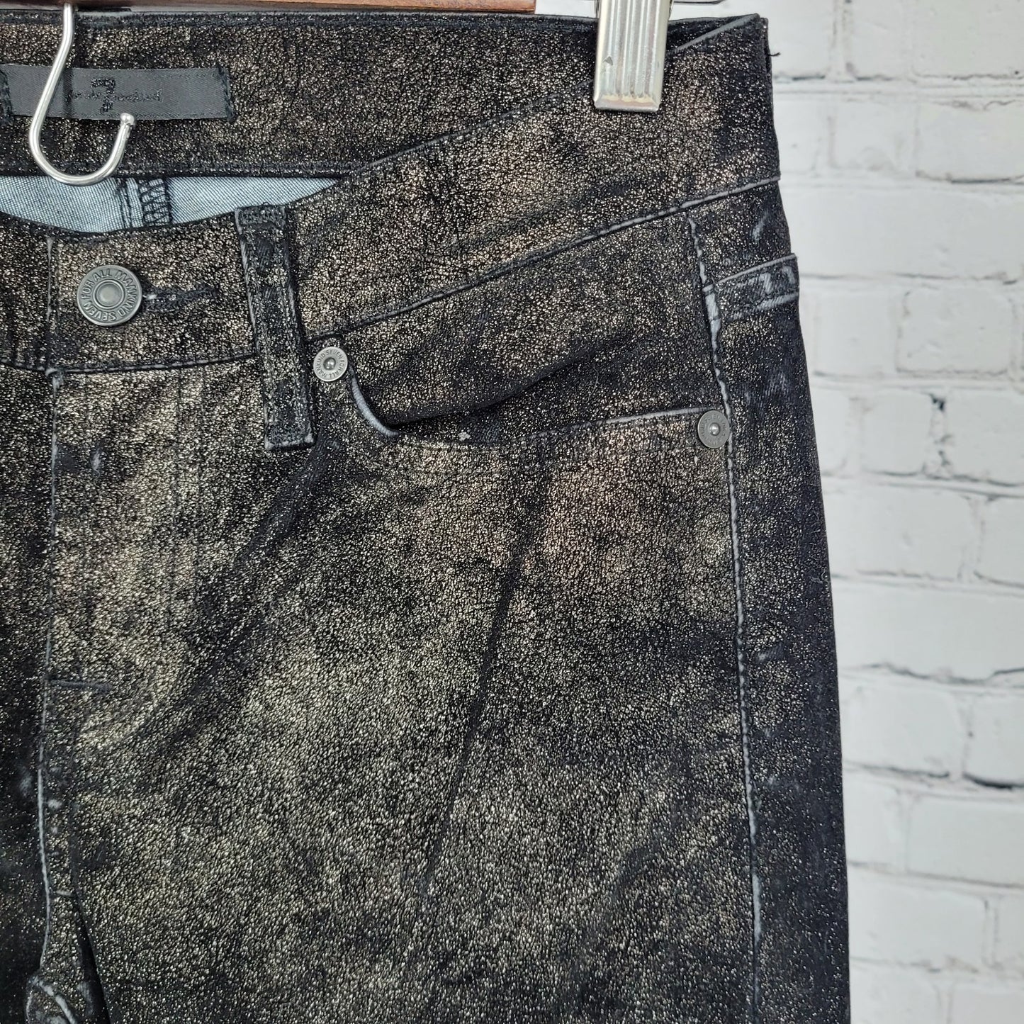 7 For All Mankind Black Metallic Shimmer Low Rise Skinny Pants Size 25 (25x29)