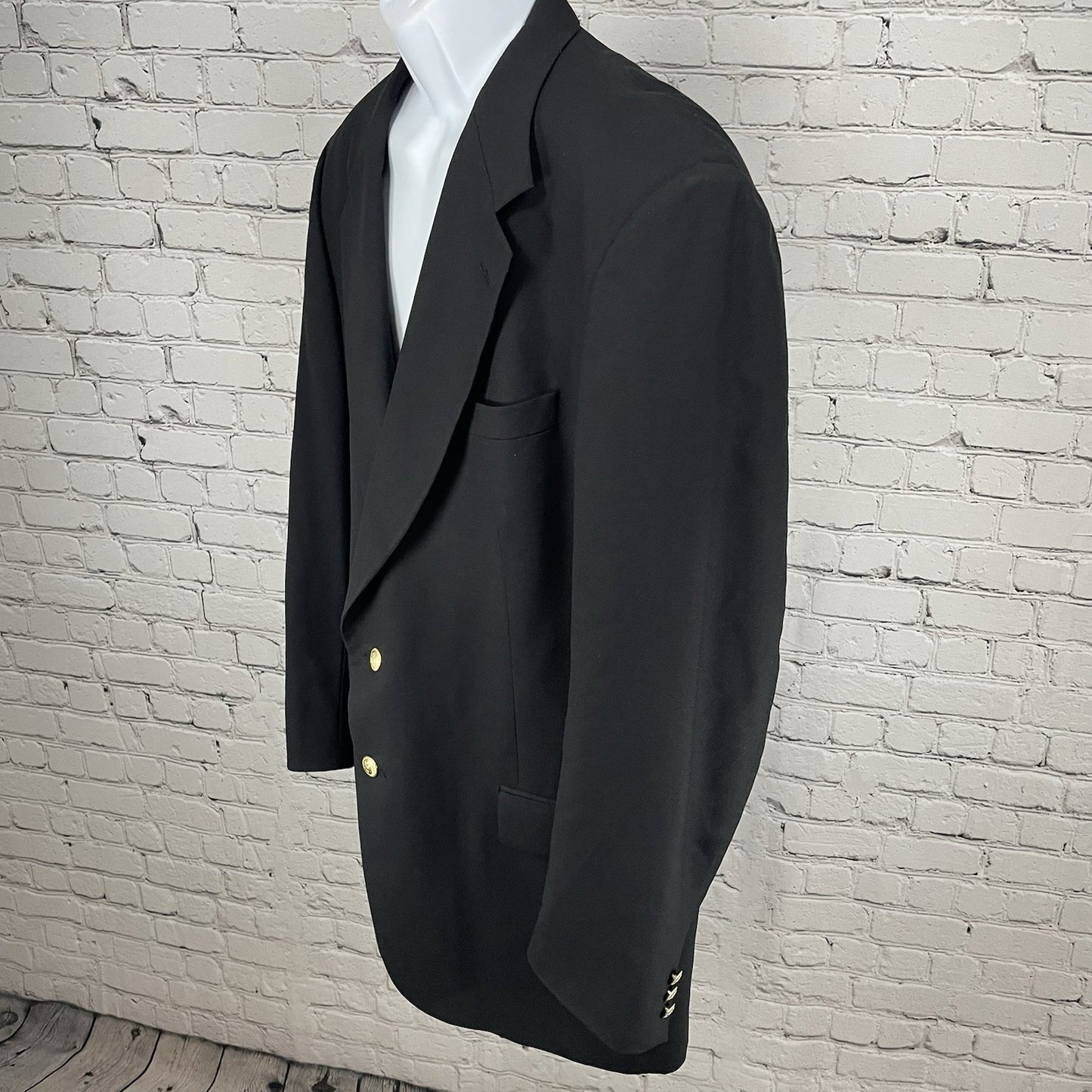 Tallia Uomo Black Worsted Wool 2 Gold Button Blazer Sport Coat USA Made Size 46L
