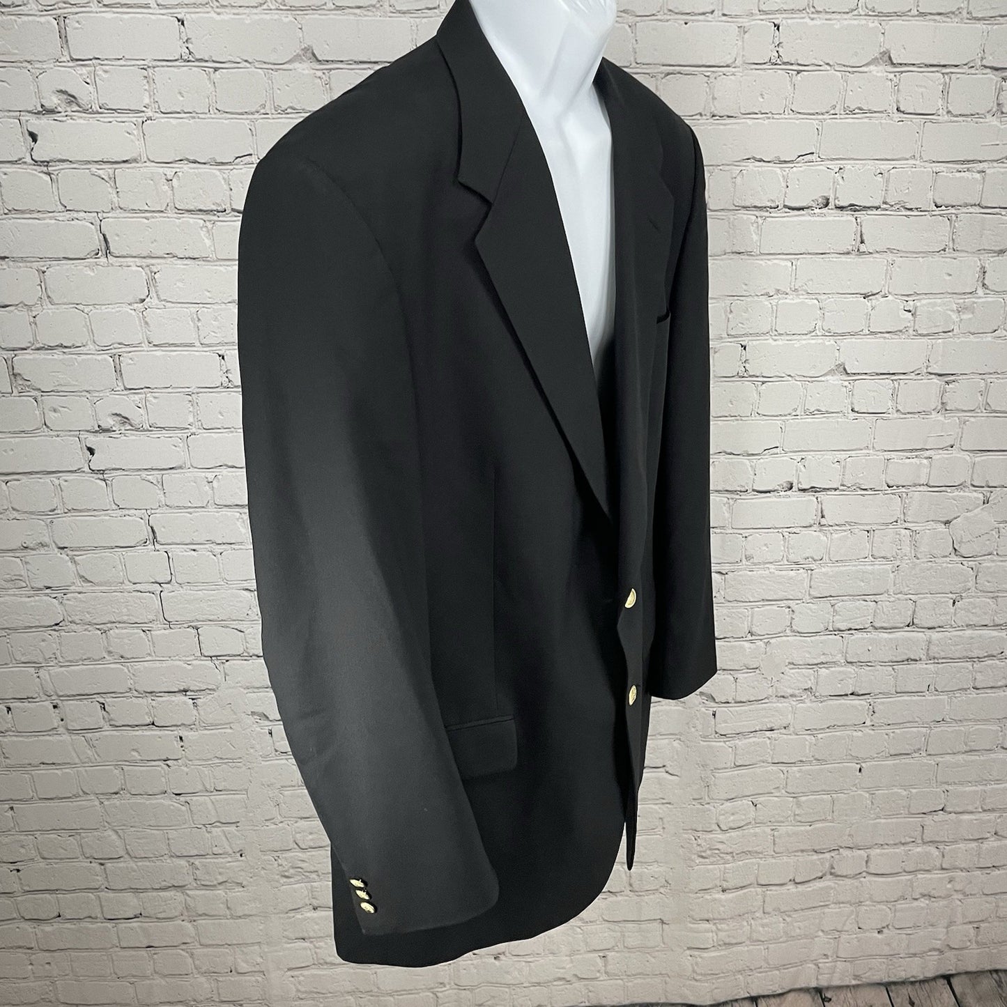 Tallia Uomo Black Worsted Wool 2 Gold Button Blazer Sport Coat USA Made Size 46L